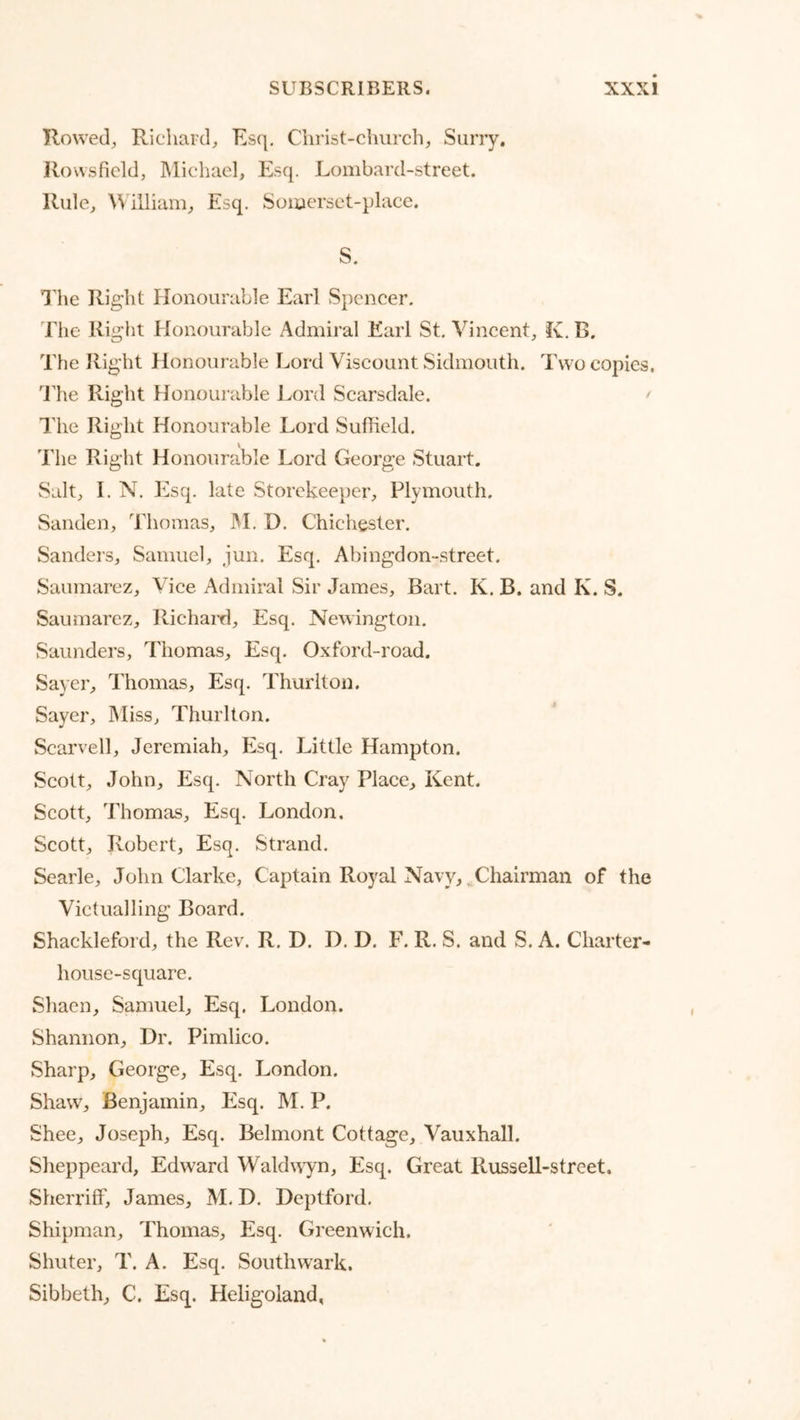 Rowed, Richard, Esq, Christ-clmrch, Surry. Rows field, IMichael, Esq. Lombard-street. Rule, ^^ illiam, Esq. Somerset-place. S. I'he Right Honourable Earl Spencer. The Riglit Honourable Admiral Earl St. Vincent, K, B. The Right Honourable Lord Viscount Sidmouth. Two copies, 'J’he Right Honourable Lord Scarsdale. The Right Honourable Lord Suffield. The Right Honourable Lord George Stuart. Salt, I. N. Esq. late Storekeeper, Plymouth. Sanden, Thomas, M. D. Chichester. Sanders, Samuel, jun. Esq. Abingdon-street. Saumarez, Vice Admiral Sir James, Bart. K. B. and K. S. Sauiiiarez, Richard, Esq. Newington. Saunders, Thomas, Esq. Oxford-road. Saver, Thomas, Esq. Thurlton. Sayer, IMiss, Thurlton. Scarvell, Jeremiah, Esq. Little Hampton. Scott, John, Esq. North Cray Place, Kent. Scott, Thomas, Esq. London. Scott, Robert, Esq. Strand. Searle, John Clarke, Captain Royal Navy,, Chairman of the Victualling Board. Shackleford, the Rev. R. D. D. D. F. R. S. and S. A. Charter- house-square. Shaen, Samuel, Esq. London. Shannon, Dr. Pimlico. Sharp, George, Esq. London. Shaw, Benjamin, Esq. M. P. Shee, Joseph, Esq. Belmont Cottage, Vauxhall. Sheppeard, Edward Waldwyn, Esq. Great Russell-street. Sherriff, James, M, D. Deptford. Shipman, Thomas, Esq. Greenwich. Shuter, T. A. Esq. Southwark. Sibbeth, C. Esq. tieligoland,