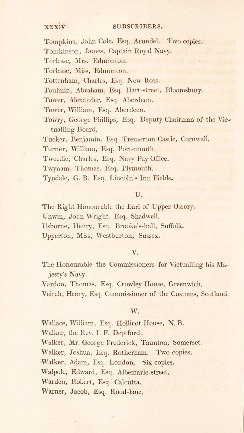 Tompkins^, John Cole^, Esq. Amndel. Two copies. Tomkinsoii:, JameS;, Captain Royal Navy. Torlesse, Mrs. Edmonton. ToiiessCj Miss^ Edmonton. Tottenham, Charles, Esq. New Ross. Toulmin, Abraham, Esq. Hart-street, Bloomsbury. Tower, Alexander, Esq. Aberdeen. Tower, William, Esq. Aberdeen. Towry, George Phillips, Esq. Deputy Chairman of the Vic- tualling Board. Tucker, Benjamin, Esq. Tremerton Castle, Cornwall. Turner, William, Esq. Portsmouth. Tweedie, Charles, Esq. Navy Pay Office. Twynam, Thomas, Esq. Plymouth. Tyndale, G. B. Esq. Lincoln’s Inn Fields^ U. The Right Honourable the Earl of Upper Ossory. Unwin, John Wright, Esq. Shadwell. Usborne, Henry, Esq. Brooke’s-hall, Suffolk, Upperton, Miss, Westburton, Sussex. V. The Honourable the Commissioners for Victualling his Ma- jesty’s Navy. Vardon, Thomas, Esq. Crowley House, Greenwich. Veitch, Henry, Esq. Commissioner of the Customs, Scotland. W. Wallace, William, Esq. Hollicot House, N. B. Walker, the Rev. I. F. Deptford. Walker, Mr. George Frederick, Taunton, Somerset. Walker, Joshua, Esq. Rotherham. Two copies. ‘Walker, Adam, Esq. London. Six copies. Walpole, Edw^ard, Esq. Albemarle-street. Warden, Robert, Esq. Calcutta. Warner, Jacob, Esq. Rood-lane,