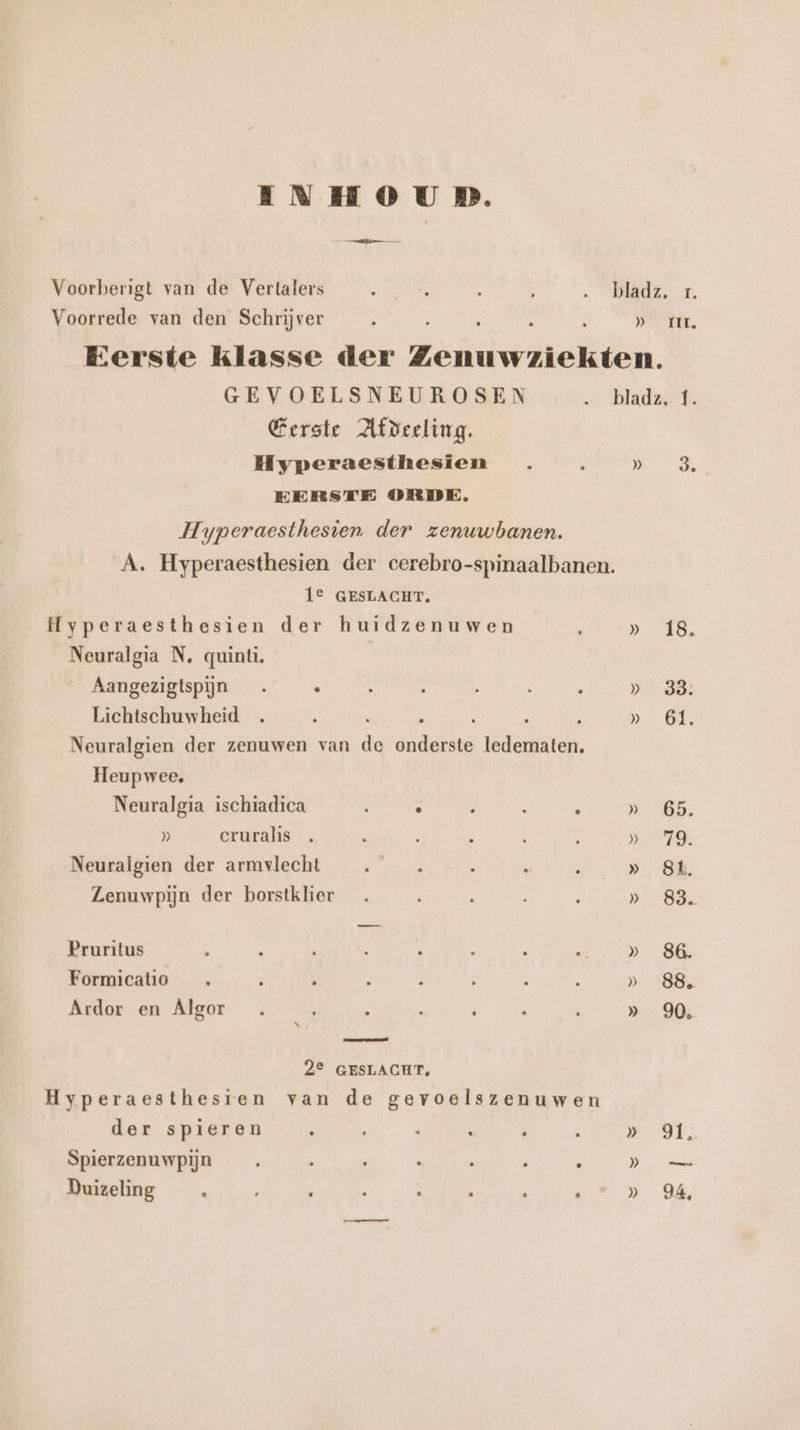 INHOUDB. — Voorberigt van de Vertalers Dee. RR 1. Voorrede van den Schrijver i » im. Eerste klasse der Zend meten. GEVOELSNEUROSEN lada, % Eerste Afdeeling. Hyperaesthesien . . N 0 EERSTE ORDE. Hyperaesthesien der zenuwbanen. A. Hyperaesthesien der cerebro-spinaalbanen. 1° GESLACHT. Hyperaesthesien der huidzenuwen » 18. Neuralgia N. quinti. Aangezigtspjn . . e d » 33: Lichtschuwheid . - a ne GE. Neuralgien der zenuwen van de ed ideen Heup wee, Neuralgia ischiadica . h . » 65. » cruralis . ; ee Neuralgien der armvlecht ET (oe 5 k - » 84 Lenuwpijn der borstklier . 88 Pruritus . . d k ; Pe a Formicatio . - d i | » 88, Ardor en Algor .  ! À i A » 90, 2° GESLACHT, Hyperaesthesien van de gevoelszenuwen der spieren . 8 2 A 3 ” 91, Spierzenuwpijn . R . x h . » Duizeling . . . i . » 94,