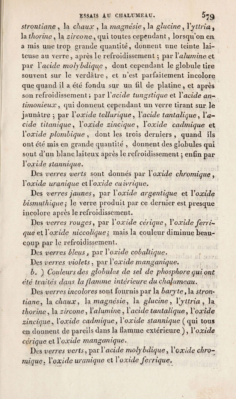strontiane , la chaux , la magnésie, la glucine, Y yttria, la thorine, la zircone, qui toutes cependant, lorsqu’on en a mis une trop grande quantité, donnent une teinte lai¬ teuse au verre , après le refroidissement \ par Y alumine et par Y acide molybdique , dont cependant le globule tire souvent sur le verdâtre , et n’est parfaitement incolore que quand il a été fondu sur un fil de platine, et après son refroidissement; par Yacide tungstique et Y acide an- timonieux, qui donnent cependant un verre tirant sur le jaunâtre \ par Y oxide tellurique, Y acide tantalique, I’æ- cide titanique, Y oxide zinciqae, Y oxide cadmique et Yoxide plomhique , dont les trois derniers , quand ils ont été mis en grande quantité , donnent des globules qui sont d’un blanc laiteux après le refroidissement 5 enfin par Yoxide stannique. Des verres verts sont donnés par Yoxide ckromique, Yoxide uronique et Y oxide cuivrique. Des verres jaunes, par Yoxide argentique et Yoxide bismuthique ; le verre produit par ce dernier est presque incolore après le refroidissement. Des verres rouges, par Yoxide cérique, Y oxide ferrie que et Yoxide niccolique y mais la couleur diminue beau¬ coup par le refroidissement. Des verres bleus, par Yoxide cobaltique. Des verres violets, par Yoxide manganique. b. ) Couleurs des globules de sel de phosphore qui ont été traités dans la flamme intérieure du chalumeau. Des verres incolores sont fournis par la baryte, la stron¬ tiane, la chaux, la magnésie, la glucine, Y yttria , la thorine, la zircone, Y alumine, Y acide tantalique, Yoxide zincique, Yoxide cadmique, Yoxide stannique (qui tous en donnent de pareils dans la flamme extérieure ), Yoxide cérique et Yoxide manganique. Des verres verts, par Y acide molybdique, Yoxide chro- mique, Yoxide urunique et Yoxide ferrique.