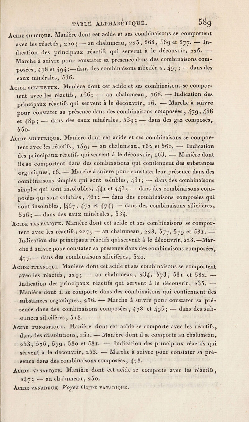 Acide silicique. Manière dont cet acide et ses combinaisons se comportent avec les réactifs, 220;— au chalumeau, 225, 568 , Ï6g et 577. — In¬ dication des principaux réactifs qui servent à le découvrir, 226. Marche à suivre pour constater sa presence dans des combinaisons com¬ posées, 478 et 4g4;—dans des combinaisons silicifèr s, 497 j — dans des eaux minérales, 536. Acide suijfureux. Manière dont cet acide et ses combinaisons se compor¬ tent avec les réactifs, 166; — au chalumeau, 168. — Indication des principaux réactifs qui servent à le découvrir, 16. — Marche à suivre pour constater sa présence dans des combinaisons composées , 479» 4^8 et 489 ; — dans des eaux minérales, 539 ; — dans des gaz composés, 55o. Acide sulfurique. Manière dont cet acide et ses combinaisons se compor¬ tent avec les réactifs, 1^9; — au chalumeau, 162 et 56o. —- Indication des principaux réactifs qui servent à le découvrir, i63. — Manière dont ils se comportent dans des combinaisons qui contiennent des substances organiques, 16. — Marche à suivre pour constater leur présence dans des combinaisons simples qui sont solubles, 481; — dans des combinaisons simples qui sont insolubles, 441 et 448 ; — dans des combinaisons com¬ posées qui sont solubles , 461 ; — dans des combinaisons composées qui sont insolubles, [467, 472 et 474» — dans des combinaisons silicifères, 526 ; — dans des eaux minérales , 534- Acide tahtalique. Manière dont cet acide et ses combinaisons se compor¬ tent avec les réactifs; 227;—-an chalumeau, 228, 577, 579 et 58i. — Indication des principaux réactifs qui servent à le découvrir, 228.—Mar¬ che à suivre pour constater sa présence dans des combinaisons composées, 477.— dans des combinaisons silicifères , 520. Acide titanique. Manière dont cet acide et ses combinaisons se comportent avec les réactifs, 229; — au chalumeau, 234» 573, 53r et 582. — Indication des principaux réactifs qui servent à le découvrir, 200. — Manière dont il se comporte dans des combinaisons qui contiennent des substances organiques, 286. — Marche à suivre pour constater sa pré¬ sence dans des combinaisons composées, 478 et 495; — dans des sub¬ stances silicifères, 5 18. Acide tungstique. Manière dont cet acide se comporte avec les réactifs, dans des dissolutions, 251. — Manière dont il se comporte an chalumeau, 253, 576, 579, 58o et 58r. — Indication des principaux réactifs qui servent à le découvrir, 253. — Marche à suivre pour constater sa pré¬ sence dans des combinaisons composées, 478. Acide vanadique. Manière dont cet acide se comporte avec les réactifs ; 247; —- au chalnmean, 25o. Acide vanadeux, Voyez Oxide va sadique.