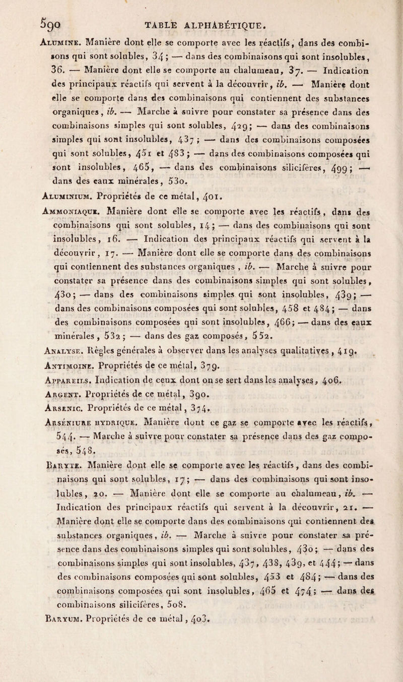 Alumine. Manière dont elle se comporte avec les réactifs, dans des combi- #ons qui sont solubles, 34 ; — dans des combinaisons qui sont insolubles, 36. — Manière dont elle se comporte au chalumeau, — Indication des principaux réactifs qui servent à la découvrir, ib. — Manière dont elle se comporte dans des combinaisons qui contiennent des substances organiques, ib. —• Marche à suivre pour constater sa présence dans des combinaisons simples qui sont solubles, 429» — dans des combinaisons simples qui sont insolubles, 437 ; — dans des combinaisons composées qui sont solubles, 45i et 483 ; — dans des combinaisons composées qui sont insolubles, 465, —dans des combinaisons silicifères, 499 J —' dans des eaux minérales, 53o. Aluminium. Propriétés de ce métal, 401. Ammoniaque. Manière dont elle se comporte avec les réactifs , dans des combinaisons qui sont solubles, 14 ; — dans des combinaisons qui sont insolubles, 16. — Indication des principaux réactifs qui servent à la découvrir, 17. — Manière dont elle se comporte dans des combinaisons qui contiennent des substances organiques , ib. •— Marche à suivre pour constater sa présence dans des combinaisons simples qui sont solubles, 43o; — dans des combinaisons simples qui sont insolubles, 4^9i'—• dans des combinaisons composées qui sont solubles, 458 et 484; — dans des combinaisons composées qui sont insolubles, 466; — dans des eaux minérales, 532 ; — dans des gaz composés, 552. Analyse. Règles générales à observer dans les analyses qualitatives , 419* Antimoine. Propriétés de ce métal, 879. Appareils. Indication de ceux dont on se sert dans les analyses, 4°6. Argent. Propriétés de ce métal, 3go. Arsenic. Propriétés de ce métal, 374• ArsÊniure hydrique. Manière dont ce gaz se comporte avec les réactifs, 544* — Marche à suivre pour constater sa présence dans des gaz compo¬ sés, 548. Baryte. Manière dont elle se comporte avec les réactifs, dans des combi¬ naisons qui sont solubles, 17; — dans des combinaisons qui sont inso¬ lubles, 20. — Manière dont elle se comporte au chalumeau, ib. — Indication des principaux réactifs qui servent à la découvrir, ai. — Manière dont elle se comporte dans des combinaisons qui contiennent des substances organiques, ib. — Marche à suivre pour constater sa pré¬ sence dans des combinaisons simples qui sont solubles, 4^o; — dans des combinaisons simples qui sont insolubles, 437, 438, 43g, et 444 J — dans des combinaisons composées qui sont solubles, 453 et 4^4» — dans des combinaisons composées qui sont insolubles, 465 et 474 » — dans des combinaisons silicifères, 5o8. Baryum. Propriétés de ce métal, 4o3.