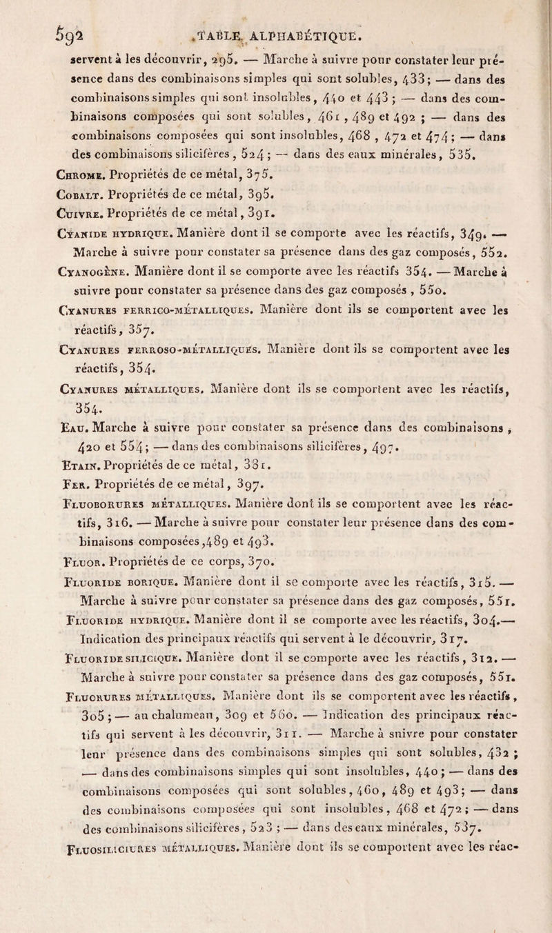 servent à les découvrir, 2p5. —- Marche à suivre pour constater leur pré¬ sence dans des combinaisons simples qui sont solubles, 433; — dans des combinaisons simples qui sont insolubles, 44° et 443 ; — dans des com¬ binaisons composées qui sont solubles, /\6i , 489 et 492 ; — dans des combinaisons composées qui sont insolubles, 468 , 472 et 474 ; — dans des combinaisons silicifères , 5a4; — dans des eaux minérales, 535. Chrome. Propriétés de ce métal, 375. Cobalt. Propriétés de ce métal, 3g5. Cuivre. Propriétés de ce métal, 3g 1* Cÿanide hydrique. Manière dont il se comporte avec les réactifs, 34g* — Marche à suivre pour constater sa présence dans des gaz composés, 552. Cyanogène. Manière dont il se comporte avec les réactifs 354. —Marche à suivre pour constater sa présence dans des gaz composés , 55o. Cyanures ferrico-mÉtalliques. Manière dont ils se comportent avec les réactifs, 357. Cyanures ferroso 'métalliques. Manière dont ils se comportent avec les réactifs, 354» Cyanures métalliques. Manière dont ils se comportent avec les réactifs, 354. Eau. Marche à suivre pour constater sa présence dans des combinaisons , 420 et 554; —dans des combinaisons silicifères, 497* Etain. Propriétés de ce métal, 331. Fer. Propriétés de ce métal, 397. Fluoborures métalliques. Manière dont ils se comportent avec les réac¬ tifs, 3i6. —Marche à suivre pour constater leur présence dans des com¬ binaisons composées,489 et4g3. Fluor. Propriétés de ce corps, 370. Fluoride borique. Manière dont il sc comporte avec les réactifs, 3i5.— Marche à suivre pour constater sa présence dans des gaz composés, 55r. Fi.uoride hydrique. Manière dont il se comporte avec les réactifs, 3o4.— Indication des principaux réactifs qui servent à le découvrir, 317. Fluoridesilicique. Manière dont il se comporte avec les réactifs, 3ia.—• Marche à suivre pour constater sa présence dans des gaz composés, 55i. Fluorures métalliques. Manière dont ils se comportent avec les réactif* , 3o5 ;— au chalumeau, 3o9 et 56o. — Indication des principaux réac¬ tifs qui servent à les découvrir, 3n. — Marche à suivre pour constater leur présence dans des combinaisons simples qui sont solubles, 482 ; .— dans des combinaisons simples qui sont insolubles, 44°; — dans des combinaisons composées qui sont solubles , 4C0 , 489 et 493 ; — dans des combinaisons composées qui sont insolubles, 4^8 et 472;—dans des combinaisons silicifères , 5a 3 ; — dans des eaux minérales, 53y. Fluosilîciures métalliques. Manière dont ils se comportent avec les réac- 1
