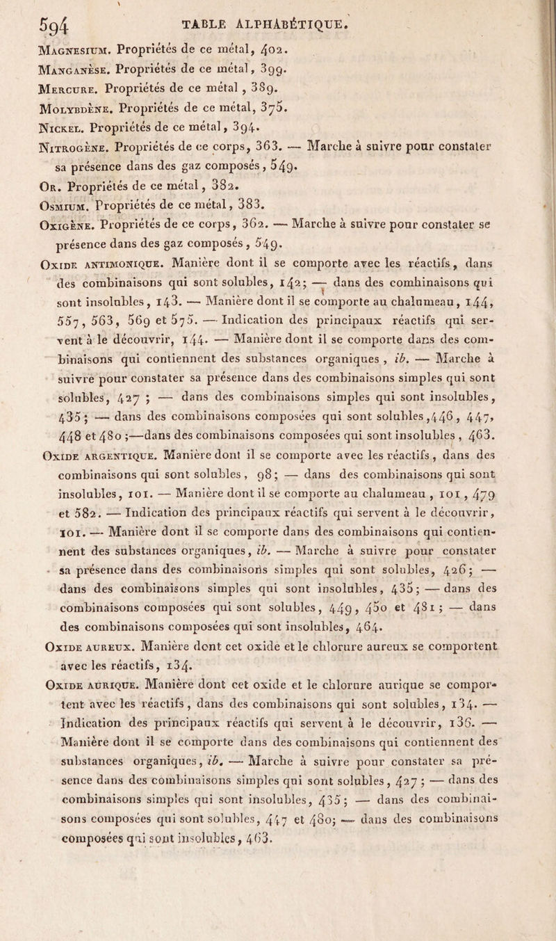 Magnésium. Propriétés de ce métal, 402* Manganèse. Propriétés de ee métal, 399. Mercure. Propriétés de ce métal ,389. Molybdène. Propriétés de ce métal, 3y5. Nickel. Propriétés de ce métal, 3g4* Nitrogène. Propriétés de ce corps, 363. — Marche à suivre pour constater sa présence dans des gaz composés, 549» Or. Propriétés de ce métal, 38a. Osmium. Propriétés de ce métal, 383. Oxigène. Propriétés de ce corps, 362. —- Marche à suivre pour constater se présence dans des gaz composés , 549. Oxide antimonique. Manière dont il se comporte avec les réactifs , dans des combinaisons qui sont solubles, 142; — dans des combinaisons qui sont insolubles, 143. — Manière dont il se comporte au chalumeau, l44> 557, 563, 569 et 575. —Indication des principaux réactifs qui ser¬ vent à le découvrir, i44> — Manière dont il se comporte dans des com¬ binaisons qui contiennent des substances organiques , ib. — Marche à suivre pour constater sa présence dans des combinaisons simples qui sont solubles, 427 ; — dans des combinaisons simples qui sont insolubles, 435; — dans des combinaisons composées qui sont solubles ,446, 447» 448 et 480 ;—dans des combinaisons composées qui sont insolubles , 463. Oxide argentique. Manière dont il se comporte avec les réactifs , dans des combinaisons qui sont solubles, 98; — dans des combinaisons qui sont insolubles, 101. — Manière dont il se comporte au chalumeau , loi , 479 et 582. — Indication des principaux réactifs qui servent à le découvrir, loi. — Manière dont il se comporte dans des combinaisons qui contien¬ nent des substances organiques, ib. —Marche à suivre pour constater sa présence dans des combinaisons simples qui sont solubles, 426; — dans des combinaisons simples qui sont insolubles, 435;—dans des combinaisons composées qui sont solubles, 449, 4^° et 43i> — dans des combinaisons composées qui sont insolubles, 464* Oxide aureux. Manière dont cet oxide et le chlorure aureux se comportent avec les réactifs, i34- Oxide aurique. Manière dont cet oxide et le chlorure aurique se compor¬ tent avec les réactifs, dans des combinaisons qui sont solubles, 184* — Indication des principaux réactifs qui servent à le découvrir, i3S. — Manière dont il se comporte dans des combinaisons qui contiennent des substances organiques, ib. — Marche à suivre pour constater sa pré¬ sence dans des combinaisons simples qui sont solubles, 427 ; — dans des combinaisons simples qui sont insolubles, 4355 — dans des combinai¬ sons composées qui sont solubles, 447 et 480; — dans des combinaisons composées qui sont insolubles, 463.