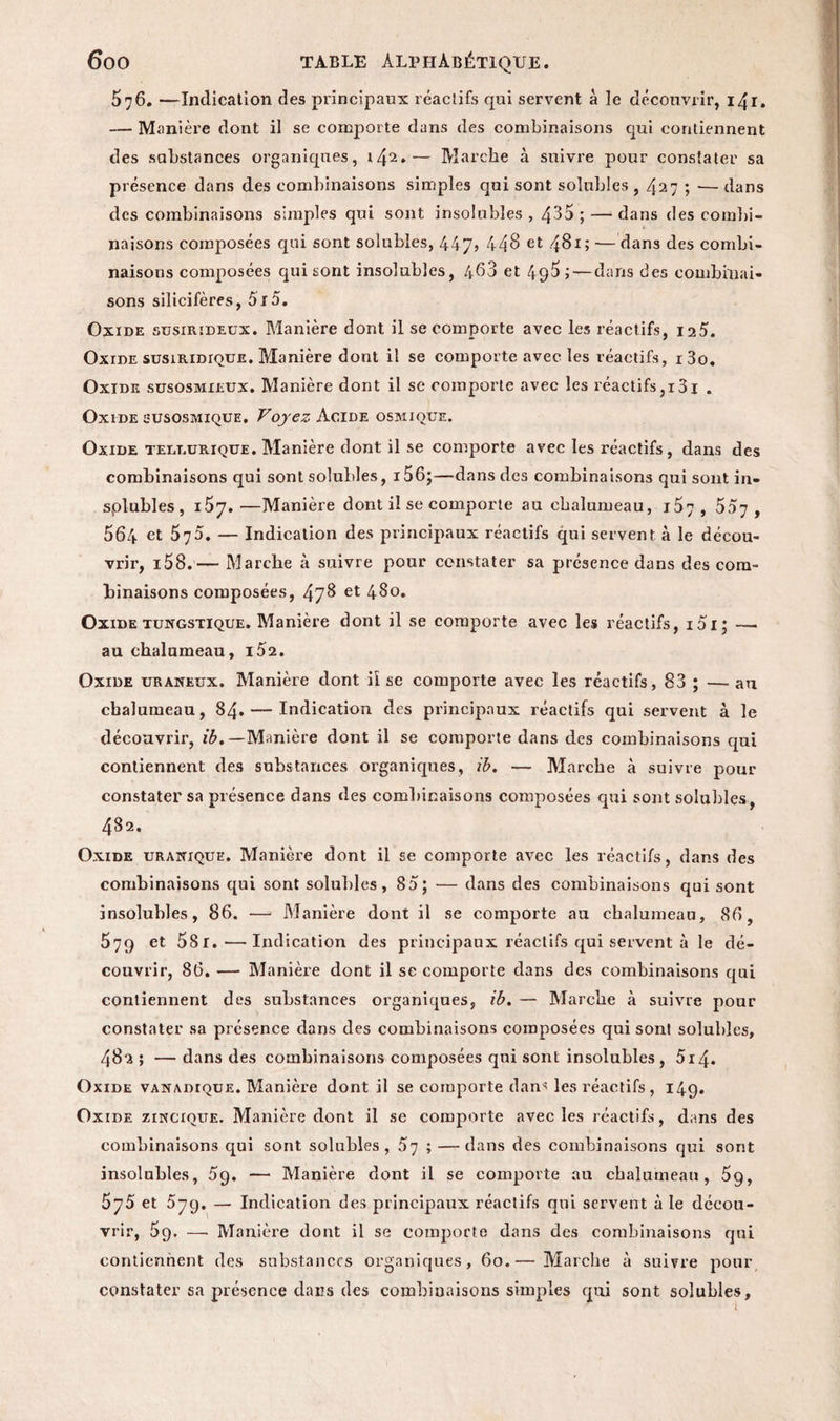 576. —Indication des principaux réactifs qui servent à le découvrir, 141. — Manière dont il se comporte dans des combinaisons qui contiennent des substances organiques, 142.— Marche à suivre pour constater sa présence dans des combinaisons simples qui sont solubles , 427 ; •— dans des combinaisons simples qui sont insolubles , 435 ; — dans des combi¬ naisons composées qui sont solubles, 447» 448 et 481; —dans des combi¬ naisons composées qui sont insolubles, 463 et 495 ; — dans des combinai¬ sons silicifères, 5l5. Oxide susirideux. Manière dont il se comporte avec les réactifs, 125. Oxide susiRiDrQUE. Manière dont il se comporte avec les réactifs, i3o. Oxide susosmieux. Manière dont il se comporte avec les réactifs,i3i . Oxide susosmique. Voyez Acide osmique. Oxide telrurique. Manière dont il se comporte avec les réactifs, dans des combinaisons qui sont solubles, i56;—dans des combinaisons qui sont in- splubles, 157. —Manière dont il se comporte au chalumeau, i57 , 5,07 , 564 et 575. — Indication des principaux réactifs qui servent à le décou¬ vrir, i58.— Marche à suivre pour constater sa présence dans des com¬ binaisons composées, 478 et 480. Oxide xungstique. Manière dont il se comporte avec les réactifs, i5i; — au chalumeau, i52. Oxide uraneux. Manière dont iï se comporte avec les réactifs, 83 ; — au chalumeau, 84. — Indication des principaux réactifs qui servent à le découvrir, ib. —Manière dont il se comporte dans des combinaisons qui contiennent des substances organiques, ib. — Marche à suivre pour constater sa présence dans des combinaisons composées qui sont solubles, 482. Oxide uraxique. Manière dont il se comporte avec les réactifs, dans des combinaisons qui sont solubles, 85; — dans des combinaisons qui sont insolubles, 86. — Manière dont il se comporte au chalumeau, 86, 579 et 58l. •—-Indication des principaux réactifs qui servent à le dé¬ couvrir, 86. — Manière dont il se comporte dans des combinaisons qui contiennent des substances organiques, ib. — Marche à suivre pour constater sa présence dans des combinaisons composées qui sont solubles, 482 ; — dans des combinaisons composées qui sont insolubles , 5i4« Oxide VAXAorouE. Manière dont il se comporte dans les réactifs, 149* Oxide zixcique. Manière dont il se comporte avec les réactifs, dans des combinaisons qui sont solubles, 07 ; — dans des combinaisons qui sont insolubles, 59. — Manière dont il se comporte au chalumeau, 5g, By5 et 579. — Indication des principaux réactifs qui servent à le décou¬ vrir, 5q. — Manière dont il se comporte dans des combinaisons qui contiennent des substances organiques, 60.— Marche à suivre pour constater sa présence dans des combinaisons simples qui sont solubles.