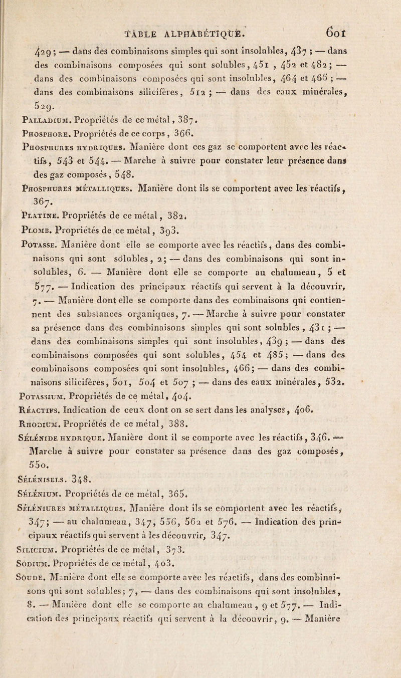 429 ; — dans des combinaisons simples qui sont insolubles, 487 ; — dans des combinaisons composées qui sont solubles, 45i , 482 et 482 ; — dans des combinaisons composées qui sont insolubles, 464 466 » — dans des combinaisons silieifères, 5i2 ; dans des eaux minérales, 529. Palladium. Propriétés de ce métal, 887. Phosphore. Propriétés de ce corps , 366. Phosphures hydriques. Manière dont ces gaz se comportent avec les réac» tifs, 543 et 544* — Marche à suivie pour constater leur présence dans des gaz composés, 548. Phosphures métalliques. Manière dont ils se comportent avec les réactifs, 367. Platine. Propriétés de ce métal, 882* Pr •omb. Propriétés de ce métal, 398. Potasse. Manière dont elle se comporte avec les réactifs, dans des combi¬ naisons qui sont solubles, 2; — dans des combinaisons qui sont in¬ solubles, 6. — Manière dont elle se comporte au chalumeau, 5 et 577. — Indication des principaux réactifs qui servent à la découvrir, 7. -— Manière dentelle se comporte dans des combinaisons qui contien¬ nent des substances organiqaes, 7. — Marche à suivre pour constater sa présence dans des combinaisons simples qui sont solubles, 43 1 ; — dans des combinaisons simples qui sont insolubles, 489 ; — dans des combinaisons composées qui sont solubles, 454 et 4&5; —dans des combinaisons composées qui sont insolubles, 466; — dans des combi¬ naisons silieifères, 5oi, 5o4 et 507 ; — dans des eaux minérales, 532. Potassium. Propriétés de ce métal, 4°4* Réactifs. Indication de ceux dont on se sert dans les analyses, 4°6. Rhodium. Propriétés de ce métal, 388. Selénide hydrique. Manière dont il se comporte avec les réactifs , 346. —« Marche à suivre pour constater sa présence dam des gaz composés, 55o. Sélénisels. 848. Sélénium. Propriétés de ce métal, 365. Séléniures métalliques. Manière dont ils se comportent avec les réactifs, 347; — au chalumeau, 847, 556, 562 et 576. — Indication des prin¬ cipaux réactifs qui servent à les découvrir, 347* Silicium. Propriétés de ce métal, 373. Sodium. Propriétés de ce métal, 408. Soude. Monière dont elle se comporte avec les réactifs, dans des combinai¬ sons qui sont solubles; 7, — dans des combinaisons qui sont insolubles, 8. — Ma nière dont elle se comporte au chalumeau , 9 et 077.— Indi¬ cation des principaux réactifs qui servent à la découvrir, 9. Manière