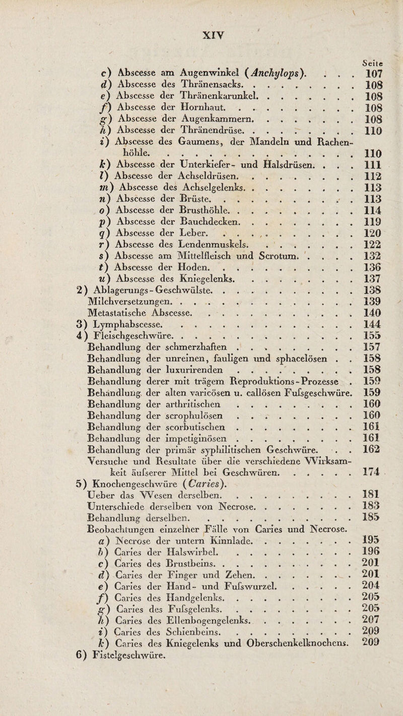 Seite c) Abscesse am Augenwinkel (Anchylops). . . . 107 d) Abscesse des Thränensacks.108 e) Abscesse cler Thränenkarunkel. ....... 108 f) Abscesse der Hornhaut.108 g) Abscesse der Augenkammern. ....... 108 ii) Abscesse der Thränendrüse. 110 i) Abscesse des Gaumens, der Mandeln und Rachen- böhle.HO k) Abscesse der Unterkiefer-. und Halsdrüsen. . . . 111 l) Abscesse der Achseldrüsen.112 111) Abscesse des Achselgelenks.113 7t) Abscesse der Brüste..113 O) Abscesse der Brusthöhle.114 P) Abscesse der Bauchdecken. 119 q) Abscesse der Leber. . . . , ..120 r) Abscesse des Lendenmuskels. 122 S) Abscesse am Mittelfleisch und Scrotum. . ... 132 t) Abscesse der Hoden.136 u) Abscesse des Kniegelenks.137 2) Ablagerungs - Geschwülste.138 Milchversetzungen.139 Metastatische Abscesse.140 3) Lymphabscesse.144 4) Fleischgeschwüre.155 Behandlung der schmerzhaften ..157 Behandlung der unreinen, fauligen und sphacelösen . . 158 Behandlung der luxurirenden.158 Behandlung derer mit trägem Reproduktions - Prozesse . 159 Behandlung der alten varicösen u. callösen Fufsgeschwüre. 159 Behandlung der arthritischen.160 Behandlung der scrophulösen.160 Behandlung der scorbutischen.161 Behandlung der impetiginÖsen .161 Behandlung der primär syphilitischen Geschwüre. . . 162 Versuche und Resultate über die verschiedene Wirksam¬ keit äufserer Mittel bei Geschwüren.174 5) Knochengeschwüre (Caries). Ueber das Wesen derselben. ..181 Unterschiede derselben von Necrose.183 Behandlung derselben.185 Beobachtungen einzelner Fälle von Caries und Necrose. a) Necrose der untern Kinnlade.195 b) Caries der Halswirbel.196 c) Caries des Brustbeins.201 d) Caries der Finger und Zehen.201 e) Caries der Hand- und Fufswurzel.204 f) Caries des Handgelenks.205 g) Caries des Fufsgelenks. 205 ft ) Caries des Ellenbogengelenks.207 i) Caries des Schienbeins.209 k) Caries des Kniegelenks und Oberschenkelknochens. 209 6) Fistclgeschwüre.