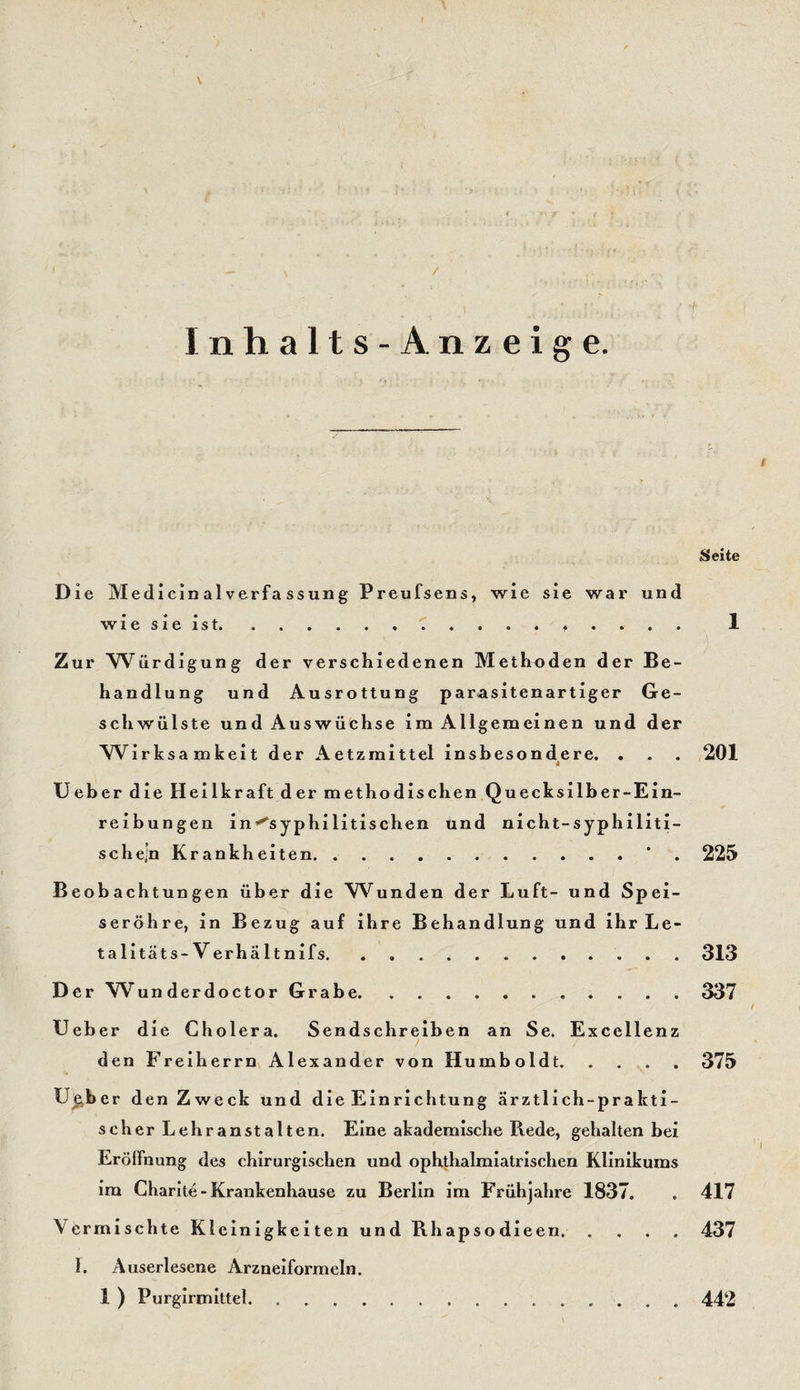 / Inhalts-Anzeige. Seite Die Medlclnalv er Fassung Preufsens, wie sie war und wiesieist.... . . . . 1 Zur W^ürdigung der verschiedenen Methoden der Be¬ handlung und Ausrottung parasitenartiger Ge¬ schwülste und Auswüchse im Allgemeinen und der Wirksamkeit der Aetzmittel insbesondere. . . . 201 Ueber die Heilkraft der methodischen Quecksilber-Ein¬ reibungen in-^syphilitischen und nicht-syphiliti- schein Krankheiten.’ . 225 Beobachtungen über die Wunden der Luft- und Spei¬ seröhre, ln Bezug auf ihre Behandlung und ihr Le- talltäts-Verhältnlfs. .313 Der W^underdoctor Grabe.. 337 Ueber die Cholera. Sendschreiben an Se. Excellenz den Freiherrn Alexander von Humboldt.375 U|iber den Zweck und die Einrichtung ärztlich-prakti¬ scher Lehranstalten. Eine akademische Rede, gehalten bei Eröffnung des chirurgischen und ophthalmlatrischen Klinikums im Charite - Krankenhause zu Berlin im Frühjahre 1837. . 417 Vermischte Kleinigkeiten und Rhapsodieen. .... 437 1. Auserlesene Arzneiformeln. 1 ) Purglrm Ittel.442