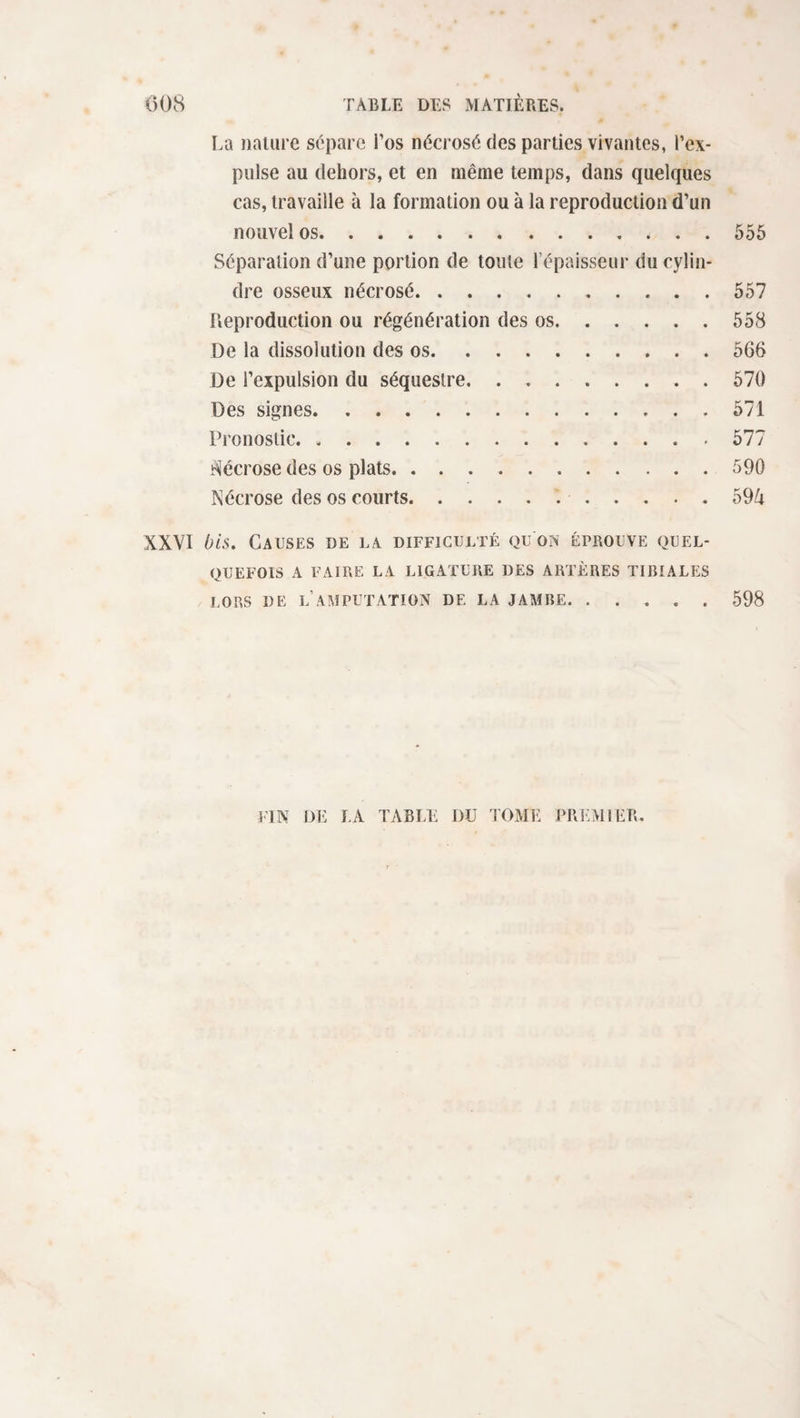 La nature sépare Los nécrosé des parties vivantes, l’ex¬ pulse au dehors, et en même temps, dans quelques cas, travaille à la formation ou à la reproduction d’un nouvel os.555 Séparation d’une portion de toute l’épaisseur du cylin¬ dre osseux nécrosé.557 Reproduction ou régénération des os.558 De la dissolution des os.566 De l’expulsion du séquestre.570 Des signes.571 Pronostic.577 Nécrose des os plats.590 Nécrose des os courts. 594 XXVI bis. Causes de la difficulté qu’on éprouve quel¬ quefois A FAIRE LA LIGATURE DES ARTÈRES TIBIALES LORS DE LAMPUTATION DE LA JAMBE.598 FIN DE LA TABLE DU TOME PREMIER.