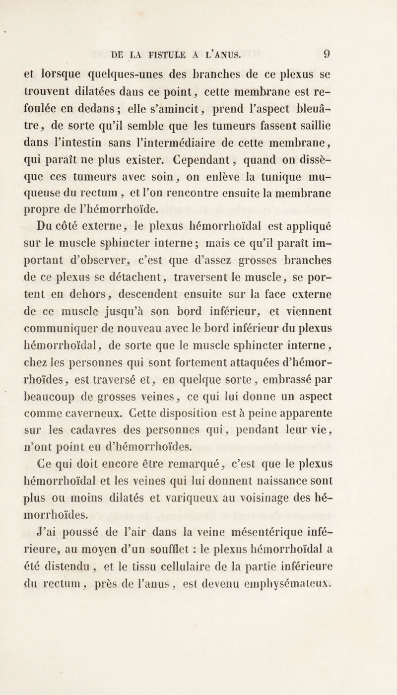 et. lorsque quelques-unes des branches de ce plexus se trouvent dilatées dans ce point, cette membrane est re¬ foulée en dedans; elle s’amincit, prend l’aspect bleuâ¬ tre, de sorte qu’il semble que les tumeurs fassent saillie dans l’intestin sans l’intermédiaire de cette membrane, qui paraît ne plus exister. Cependant, quand on dissè¬ que ces tumeurs avec soin, on enlève la tunique mu¬ queuse du rectum , et l’on rencontre ensuite la membrane propre de l’hémorrhoïde. Du côté externe, le plexus hémorrhoïdal est appliqué sur le muscle sphincter interne ; mais ce qu’il paraît im¬ portant d’observer, c’est que d’assez grosses branches de ce plexus se détachent, traversent le muscle, se por¬ tent en dehors, descendent ensuite sur la face externe de ce muscle jusqu’à son bord inférieur, et viennent communiquer de nouveau avec le bord inférieur du plexus hémorrhoïdal, de sorte que le muscle sphincter interne, chez les personnes qui sont fortement attaquées d’hémor- rhoïdes, est traversé et, en quelque sorte, embrassé par beaucoup de grosses veines, ce qui lui donne un aspect comme caverneux. Celte disposition est à peine apparente sur les cadavres des personnes qui, pendant leur vie, n’ont point eu d’hémorrhoïdes. Ce qui doit encore être remarqué, c’est que le plexus hémorrhoïdal et les veines qui lui donnent naissance sont plus ou moins dilatés et variqueux au voisinage des hé- morrhoïdes. J’ai poussé de l’air dans la veine mésentérique infé¬ rieure, au moyen d’un soufflet : le plexus hémorrhoïdal a été distendu, et le tissu cellulaire de la partie inférieure du rectum, près de l’anus, est devenu emphysémateux.