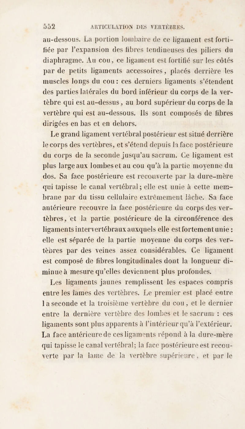 au-dessous. La portion lombaire de ce ligament est forti¬ fiée par l’expansion des libres tendineuses des piliers du diaphragme. Au cou, ce ligament est fortifié sur les côtés par de petits ligaments accessoires, placés derrière les muscles longs du cou: ces derniers ligaments s’étendent des parties latérales du bord inférieur du corps de la ver¬ tèbre qui est au-dessus, au bord supérieur du corps de la vertèbre qui est au-dessous. Ils sont composés de fibres dirigées en bas et en dehors. Le grand ligament vertébral postérieur est situé derrière le corps des vertèbres, et s’étend depuis h face postérieure du corps de la seconde jusqu’au sacrum. Ce ligament est plus large aux lombes et au cou qu’à la partie moyenne du dos. Sa face postérieure est recouverte par la dure-mère qui tapisse le canal vertébral ; elle est unie à cette mem¬ brane par du tissu cellulaire extrêmement lâche. Sa face antérieure recouvre la face postérieure du corps des ver¬ tèbres, et la partie postérieure de la circonférence des ligaments intervertébraux auxquels elle est fortement unie : elle est séparée de la partie moyenne du corps des ver¬ tèbres par des veines assez considérables. Ce ligament est composé de fibres longitudinales dont la longueur di¬ minue à mesure qu’elles deviennent plus profondes. Les ligaments jaunes remplissent les espaces compris entre les lames des vertèbres. Le premier est placé entre la seconde et la troisième vertèbre du cou, et le dernier entre la dernière vertèbre des lombes et le sacrum : ces ligaments sont plus apparents à l’intérieur qu’à l’extérieur. La face antérieure de ces ligaments répond à la dure-mère qui tapisse le canal vertébral; la face postérieure est recou¬ verte par la laine de la vertèbre supérieure, et par le