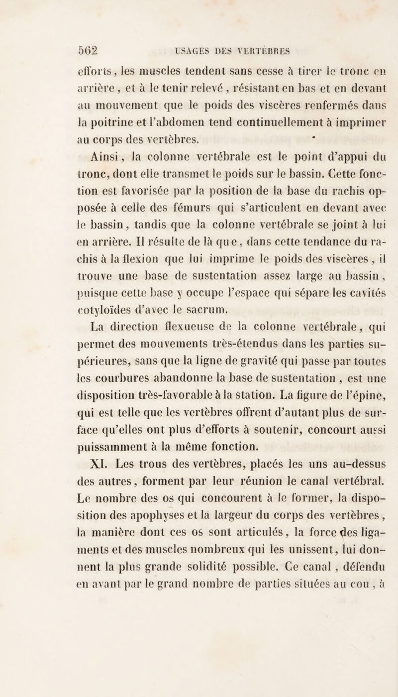 efforts , les muscles tendent sans cesse à tirer le tronc en arrière , et à le tenir relevé , résistant en bas et en devant au mouvement que le poids des viscères renfermés dans la poitrine et l’abdomen tend continuellement à imprimer au corps des vertèbres. Ainsi, la colonne vertébrale est le point d’appui du tronc, dont elle transmet le poids sur le bassin. Cette fonc¬ tion est favorisée par la position de la base du rachis op¬ posée à celle des fémurs qui s’articulent en devant avec le bassin, tandis que la colonne vertébrale se joint à lui en arrière. Il résulte de là que, dans cette tendance du ra¬ chis à la flexion que lui imprime le poids des viscères , il trouve une base de sustentation assez large au bassin , puisque cette base y occupe l’espace qui sépare les cavités cotyloïdes d’avec le sacrum. La direction flexueuse de la colonne vertébrale, qui permet des mouvements très-étendus dans les parties su¬ périeures, sans que la ligne de gravité qui passe par toutes les courbures abandonne la base de sustentation , est une disposition très-favorable à la station. La figure de l’épine, qui est telle que les vertèbres offrent d’autant plus de sur¬ face qu’elles ont plus d’efforts à soutenir, concourt aussi puissamment à la même fonction. XI. Les trous des vertèbres, placés les uns au-dessus des autres, forment par leur réunion le canal vertébral. Le nombre des os qui concourent à le former, la dispo¬ sition des apophyses et la largeur du corps des vertèbres, la manière dont ces os sont articulés, la force des liga¬ ments et des muscles nombreux qui les unissent, lui don¬ nent la plus grande solidité possible. Ce canal, défendu en avant par le grand nombre de parties situées au cou , à