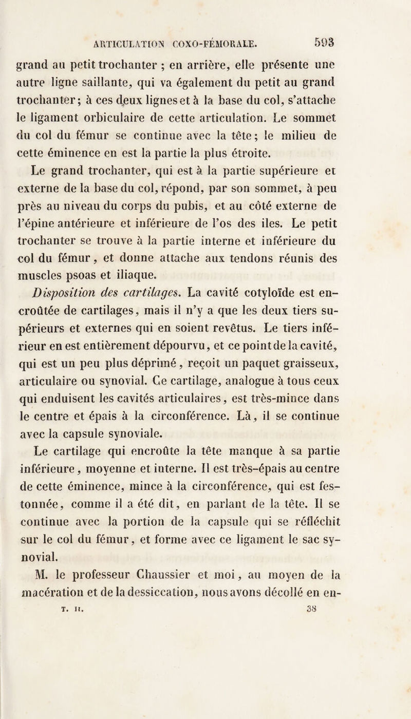 grand au petit trochanter ; en arrière, elle présente une autre ligne saillante, qui va également du petit au grand trochanter; à ces deux lignes et à la base du col, s’attache le ligament orbiculaire de cette articulation. Le sommet du col du fémur se continue avec la tête ; le milieu de cette éminence en est la partie la plus étroite. Le grand trochanter, qui est à la partie supérieure et externe de la base du col, répond, par son sommet, à peu près au niveau du corps du pubis, et au côté externe de l’épine antérieure et inférieure de l’os des iles. Le petit trochanter se trouve à la partie interne et inférieure du col du fémur, et donne attache aux tendons réunis des muscles psoas et iliaque. Disposition des cartilages. La cavité cotyloïde est en¬ croûtée de cartilages, mais il n’y a que les deux tiers su¬ périeurs et externes qui en soient revêtus. Le tiers infé¬ rieur en est entièrement dépourvu, et ce point de la cavité, qui est un peu plus déprimé, reçoit un paquet graisseux, articulaire ou synovial. Ce cartilage, analogue à tous ceux qui enduisent les cavités articulaires, est très-mince dans le centre et épais à la circonférence. Là , il se continue avec la capsule synoviale. Le cartilage qui encroûte la tête manque à sa partie inférieure, moyenne et interne. Il est très-épais au centre de cette éminence, mince à la circonférence, qui est fes¬ tonnée, comme il a été dit, en parlant de la tête. Il se continue avec la portion de la capsule qui se réfléchit sur le col du fémur, et forme avec ce ligament le sac sy¬ novial. M. le professeur Chaussier et moi, au moyen de la macération et de la dessiccation, nous avons décollé en en- 38 T. II.