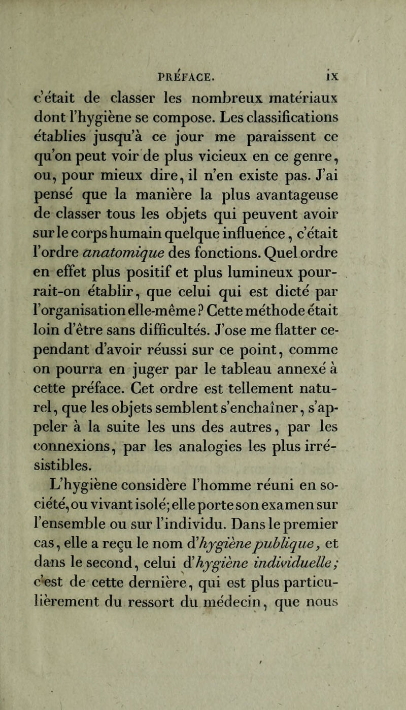 c’était de classer les nombreux matériaux dont l’hygiène se compose. Les classifications établies jusqu’à ce jour me paraissent ce qu’on peut voir de plus vicieux en ce genre, ou, pour mieux dire, il n’en existe pas. J’ai pensé que la manière la plus avantageuse de classer tous les objets qui peuvent avoir sur le corps humain quelque influence, c’était l’ordre anatomique des fonctions. Quel ordre en effet plus positif et plus lumineux pour¬ rait-on établir, que celui qui est dicté par l’organisation elle-même ? Cette méthode était loin d’être sans difficultés. J’ose me flatter ce¬ pendant d’avoir réussi sur ce point, comme on pourra en juger par le tableau annexé à cette préface. Cet ordre est tellement natu¬ rel, que les objets semblent s’enchaîner, s’ap¬ peler à la suite les uns des autres, par les connexions, par les analogies les plus irré¬ sistibles. L’hygiène considère l’homme réuni en so¬ ciété, ou vivant isolé; elle porte son examen sur l’ensemble ou sur l’individu. Dans le premier cas, elle a reçu le nom d'hygiènepublique, et dans le second, celui d’hygiène individuelle ; c’est de cette dernière, qui est plus particu¬ lièrement du ressort du médecin, que nous