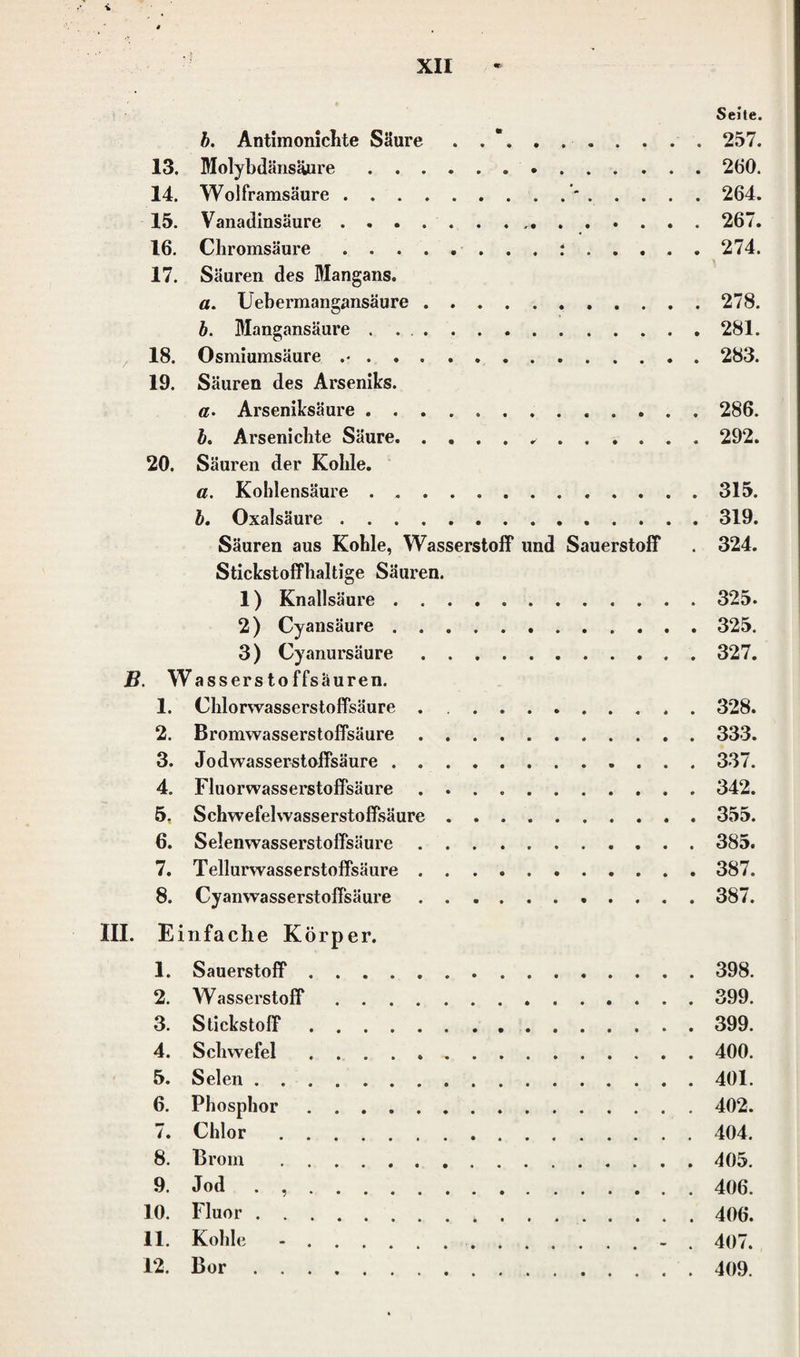 Seile. b. Antimonichte Säure . . *. . . . . . . . 257. 13. Molybdänsäure. 260. 14. Wolframsäure.*. 264. 15. Vanadinsäure.. . 267. 16. Chromsäure.. . . :. 274. 17. Säuren des Mangans. a. Uebermangansäure. 278. b. Mangansäure.281. 18. Osmiumsäure .. 283. 19. Säuren des Arseniks. «. Arseniksäure . 286. b. Arsenichte Säure. 292. 20. Säuren der Kohle. a. Kohlensäure.315. b. Oxalsäure.319. Säuren aus Kohle, Wasserstoff und Sauerstoff . 324. Stickstoffhaltige Säuren. 1) Knallsäure. 325. 2) Cyansäure. 325. 3) Cyanursäure. 327. B. Was sers to ffsäuren. 1. Chlorwasserstoffsäure. 328. 2. Bromwasserstoffsäure. 333. 3. Jodwasserstoffsäure. 337. 4. Fluorwasserstoffsäure .. 342. 5. Schwefelwasserstoffsäure. 355. 6. Selenwasserstoffsäure. 385. 7. Tellurwasserstoffsäure. 387. 8. Cyanwasserstoffsäure. 387. III. Einfache K örper. 1. Sauerstoff. 398. 2. Wasserstoff. 399. 3. Stickstoff. 399. 4. Schwefel. 400. 5. Selen.401. 6. Phosphor. 402. 7. Chlor. 404. 8. Brom . 405. 9. Jod . .. 406. 10. Fluor. 406. 11. Kohle -.- . 407. 12. Bor. 409.