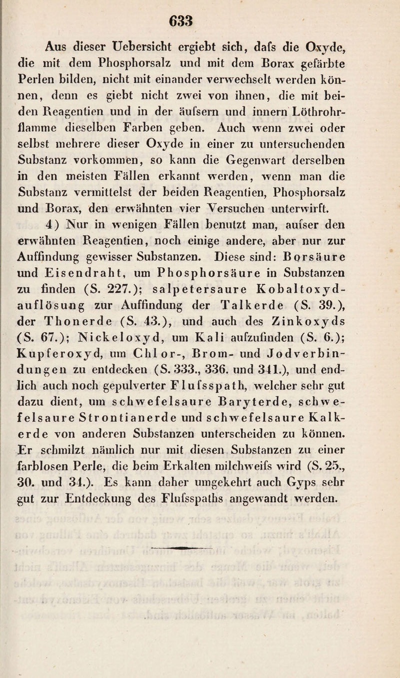 Aus dieser Uebersicht ergiebt sich, dafs die Oxyde, die mit dem Phosphorsalz und mit dem Borax gefärbte Perlen bilden, nicht mit einander verwechselt werden kön¬ nen, denn es giebt nicht zwei von ihnen, die mit bei¬ den P\eagentien und in der äufsern und innern Löthrohr- flamme dieselben Farben geben. Auch wenn zwei oder selbst mehrere dieser Oxyde in einer zu untersuchenden Substanz Vorkommen, so kann die Gegenwart derselben in den meisten Fällen erkannt werden, wenn man die Substanz vermittelst der beiden Reagentien, Phosphorsalz und Borax, den erwähnten vier Versuchen unterwirft. 4) Nur in wenigen Fällen benutzt man, aufser den erwähnten Reagentien, noch einige andere, aber nur zur Auffindung gewisser Substanzen. Diese sind: Borsäure und Eisendraht, um Phosphorsäure in Substanzen zu finden (S. 227.); salpetersaure Kobaltoxyd¬ auflösung zur Auffindung der Talk erde (S. 39.), der Thon erde (S. 43.), und auch des Zinkoxyds (S. 67.); Nicke loxyd, um Kali aufzufinden (S. 6.); Kupferoxyd, um Chlor-, Brom- und Jodverbin¬ dungen zu entdecken (S. 333., 336. und 341.), und end¬ lich auch noch gepulverter Flufsspath, welcher sehr gut dazu dient, um schwefelsaure Baryterde, schwe¬ felsaure Strontianerde und schwefelsaure Kalk¬ erde von anderen Substanzen unterscheiden zu können. Er schmilzt nämlich nur mit diesen Substanzen zu einer farblosen Perle, die beim Erkalten milchweifs wird (S. 25., 30. und 34.). Es kann daher umgekehrt auch Gyps sehr gut zur Entdeckung des Flul’sspaths angewandt werden.