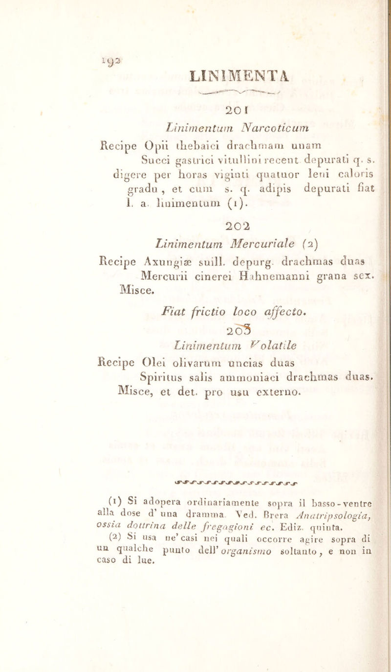 20 ì Linimentani Narcoticam Recipe Opii tliebaici draclimam unam Succi gastrici viliilHni recent depurati q. s. dìgere per horas viglnlì quatuor leni caloris gradu , et curii s. q. adipis depurati fìat 1. a. lininienluDi (i). 202 Linimentum Mercuriale fa) Recipe Y^xinigise Mercurii ce. suilL depurg. drachmas duas cinerei Hahnenianni grana sex. Fiat frictio loco affecto. 265 Linimentum Colatile Recipe Olei oiivarum uncias duas Spiritus salis ammoniaci drachmas duas. Mis ce, et det. prò usa cxteriio. (1) Si adopera ordinariamente sopra il basso-ventre alla dose d una drannna Ved. Brera Anatripsolatia, ossia dottrina delle fregns;ionì ec. Ediz- (punta. (2) Si usa ne casi nei (piali occorre agire sopra di un qualche punto dell’soltanto, e non in caso di lue.