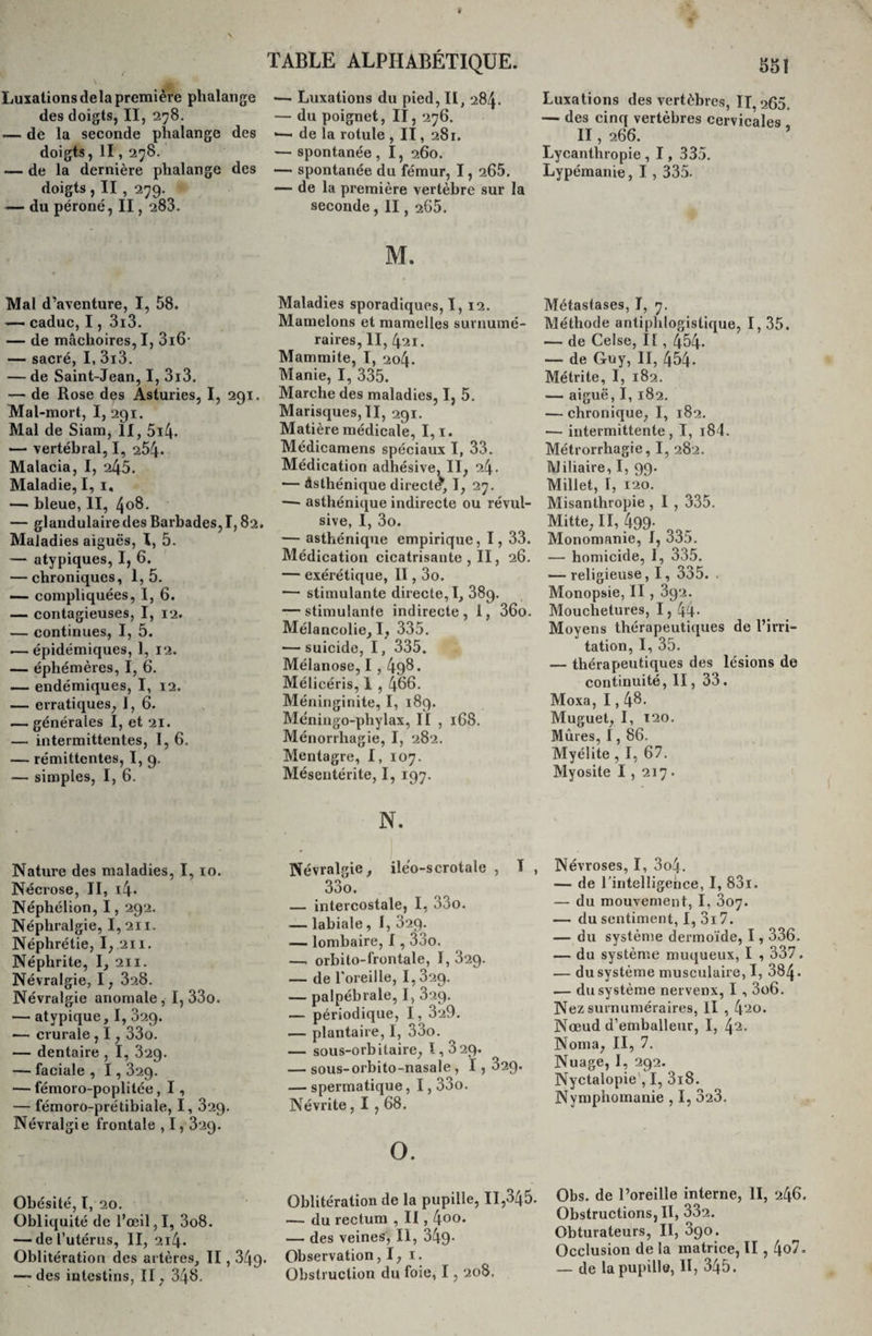 / Jfcr Luxations delà première phalange des doigts, II, 278. — de la seconde phalange des doigts, II, 278. — de la dernière phalange des doigts, II , 279.^ — du péroné, II, 283. Mal d’aventure, I, 58. — caduc,1, 3i3. — de mâchoires, I, 3i6- — sacré, I, 3i3. — de Saint-Jean, I, 3i3. — de Rose des Asturies, I, 291. Mal-mort, I, 291. Mal de Siam, II, 5i4- •— vertébral, I, 254» Malacia, I, 245. Maladie, I, 1, — bleue, II, 408. — glandulaire des Barbades, 1,82. Maladies aiguës, I, 5. — atypiques, I, 6. — chroniques, 1,5. — compliquées, I, 6. — contagieuses, I, 12. — continues, I, 5. .— épidémiques, 1, 12. — éphémères, I, 6. — endémiques, I, 12. — erratiques, 1, 6. — générales I, et 21. — intermittentes, I, 6. — rémittentes, I, 9. — simples, I, 6. Nature des maladies, I, 10. Nécrose, II, i4* Néphélion, 1, 292. Néphralgie, I, 211. Néphrétie, I, 211. Néphrite, I, 211. Névralgie, 1, 328. Névralgie anomale, I, 33o. — atypique, I, 829. — crurale , 1,33o. — dentaire , I, 329. — faciale , 1,329. — fémoro-poplitée, I, — fémoro-prétibiale, I, 329. Névralgie frontale , I, 329. Obésité, l, 20. Obliquité de l’œil, I, 3o8. — de l’utérus, II, 214. Oblitération des artères, 11,349. — des intestins, II, 348. ALPHABÉTIQUE. — Luxations du pied, II, 284. — du poignet, II, 276. — de la rotule , II, 281. — spontanée, I, 260. — spontanée du fémur, 1, 265. — de la première vertèbre sur la seconde, II, 265. M. Maladies sporadiques, 1, 12. Mamelons et mamelles surnumé¬ raires, II, 421. Mammite, I, 204. Manie, I, 335. Marche des maladies, I, 5. Marisques,II, 291. Matière médicale, 1,1. Médicamens spéciaux I, 33. Médication adhésive, II, 24. *— Asthénique directe, I, 27. — asthénique indirecte ou révul¬ sive, I, 3o. — asthénique empirique, I, 33. Médication cicatrisante , II, 26. — exérétique, II, 3o. •— stimulante directe, I, 389. — stimulante indirecte, 1, 36o. Mélancolie, I, 335. — suicide, 1, 335. Mélanose, I , 49^. Mélicéris, 1,466. Méninginite, I, 189. Méningo-phylax, II , 168. Ménorrhagie, I, 282. Mentagre, I, 107. Mésentérite, I, 197. N. Névralgie, iléo-scrotale , I , 33°. — intercostale, I, o3o. — labiale, I, 329. — lombaire, 1,33o. —. orbilo-frontale, I, 329. — de l'oreille, I, 32g. — palpébrale, I, 329. — périodique, I, 329. — plantaire, I, 33o. — sous-orbitaire, 1,32g. — sous-orbito-nasale , 1, 32g. — spermatique, 1,33o. Névrite, I , 68. O. Oblitération de la pupille, 11,345. — du rectum , II, 400* — des veines, II, 34g- Observation, I, 1. Obstruction du foie, 1,208. 551 Luxations des vertèbres, II, 265. — des cinq vertèbres cervicales II, 266. ’ Lycanthropie , 1, 335. Lypémanie, 1, 335. Métastases, I, 7. Méthode antiphlogistique, I, 35. — de Celse, Il, 454- — de Guy, II, 454- Métrite, I, 182. — aiguë, I, 182. — chronique, I, 182. — intermittente, I, i84. Métrorrhagie, I, 282. Miliaire, I, 99- Millet, I, 120. Misanthropie , I , 335. Mitte, II, 499- Monomanie, I, 335. — homicide, I, 335. — religieuse, 1, 335. . Monopsie, II, 3g2. Mouchetures, I, 44* Moyens thérapeutiques de l’irri¬ tation, I, 35. — thérapeutiques des lésions de continuité, II, 33. Moxa, 1,4^. Muguet, I, 120. Mûres, 1,86. Myélite , I, 67. Myosite 1, 217. Névroses, I, 3o4. — de l'intelligence, I, 83i. — du mouvement, I, 307. — du sentiment, I, 3i 7. — du système dermoïde, 1,336. — du système muqueux, I , 337. — du système musculaire, I, 384. — du système nervenx, I , 3o6. Nez surnuméraires, Il , 420. Nœud d’emballeur, I, 42* Noma, II, 7. Nuage, I, 292. Nyctalopie , I, 3i8. Nymphomanie , I, 023. Obs. de l’oreille interne, II, 246. Obstructions, II, 332. Obturateurs, II, 3go. Occlusion de la matrice, II, 4o7.
