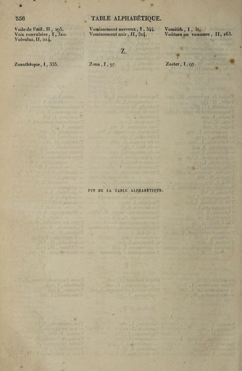 * 356 Voile de l’œil, Il, 295. Voix convulsive, I, 3io. Volvuîus, II, 2i4* Zoanthropie, 1, 335. TABLE ALPHABÉTIQUE. Vomissement nerveux , 1,344- Vomissement noir, II, 5i/j. Z. Zona , T , 97. FIN DE IA TABLE ALPHABÉTIQUE. Vomitifs , 1, 3t. Voûture ou voussure, II, i63. 0 Zoster, 1,97.