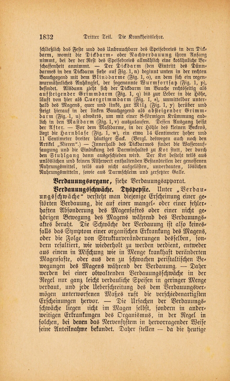fd)Itefjlid) bag f^efte urtb bag Unbraudjbare beg Speifebreteg in ben $>icf# barm, womit bte 3)icfbarm5 ober Nadjoerbauung ihren 5lnfang nimmt, bei ber ber IReft beg Spetfebreieg allmählich eine fotähnlidje 93e- fdjaffenhett annimmt. — ®er $)icfbarm (ben ©intritt beg $)ünn# barrneg in ben ®icfbarm ftehe auf f^tg. 1, n) beginnt unten in ber redeten SBaucpgegenb mit bem Söltnöbarme ($ig. 1, o), an bem ftd) ein regen= ttmrmähnlidjeg Nnljängfel, ber fogenannte 2öurntfortfap (^9- 1/ p), befinbet. Nlgbann §te^t ftc^ ber £)icfbarnt im Sßaudje redjtgfeitig alg auffteigenber ©rimtnbarm ($ig. 1, q) big gur ßeber in bie §öhe, läuft Oon hter als Quergrimmbarm ($ig. I, s), unmittelbar unter= halb beS NtagenS, quer unb linfS, §nr 9D?:il§ ($ig. 1, y) herüber unb fteigt hierauf in ber linfen ©aucpgegenb alg ab ft eigenber ©rimnts barm ®tg. 1, u) abmärtg, um mit einer S=förmigen Krümmung enb= lid) in ben SKaftbarm (fjig. 1, v) auggitlaufen. Neffen NuSgang ^ei^t ber Elfter. — $or bem Nlaftbarme, in ber ^>ö^Ie beg flehten SöecfenS, liegt bie §arnblafe ($ig. 1, w), ein etwa 14 ©entimeter h°her unb 11 ©entimeter breiter gütiger Sacf. ($ergl. beSWegen and) noch ben Slrtifel „Vieren.) — innerhalb beg ©)icfbarmeS finbet bie 3Safferauf= faugnng unb bie ©tnbtcfung beg ©armtnhalteS $u ®ot ftatt, ber burdj ben Stuhlgang bann auSgefd)ieben wirb. ©)er ®ot beftef)t teils ang unlöslichen unb feinen Nährwert enthaltenben Söeftanbteilen ber genoffenen Nahrungsmittel, teils aug nicht aufgelöften, unoerbauten, löslichen Nahrungsmitteln, fomie aug 2)armfd)leim unb gerfether ©alle. Ser&auunggorgatte, fiepe Sßerbauunggapparat. $er&auttnggfdjnmd)e* $t)3pepfie* Unter „Verbau# unggfdptoäcpe oerftept man biejenige Qsrfcpeinung einer ge# ftörten Verbauung, bie auf einer mangel# ober einer fehler# paften Nbfonberung beS Sftagenfafteg ober einer nicpt ge# hörigen Bewegung beg 9ftagenS mäprenb beg $erbauungg# afteg beruht. £)ie ©cptoädpe ber Verbauung ift alfo feineg# faUg bag ©pmptom einer organifcpen Grrfranfung beg SDfageng, ober bie golge hon «StrufturOeränberungen beSfetben, fon# bem refuttiert, wie mieberpoft -gu werben Oerbient, entweber ang einem in äJftfdpttng Wie in 5U?enge franfpaft Oeränberten Sftagenfafte, ober aug ben gu fcpwacpen periftaftifcpen $e# megungen beg äftageng Wäprenb ber Verbauung. — SDaper merben bei einer obwaftenben $erbauunggfcpwäcpe in ber 9?egcf nur ganj feidpt oerbauticpe @peifen in geringer Stenge Oerbaut, unb jebe Ueberfcpreitung beg bem $erbauunggoer# mögen unterworfenen 9Napeg ruft bie oerfcpiebenartigften ©rfcpeinungen peroor. — SDie Urfacpen ber Sßerbauungg# [cf)tt)äd)e liegen ticpt im Sftagen fetbft, fonbern in anber# Weitigen ©rfranfungen beg DrganigmuS, in ber Siegel in folgen, bei benen bag Serbenfpftem in peroorragenber 2öeife feine Nnteifnapme befunbet. £)aper fteüen — ba bie peutige