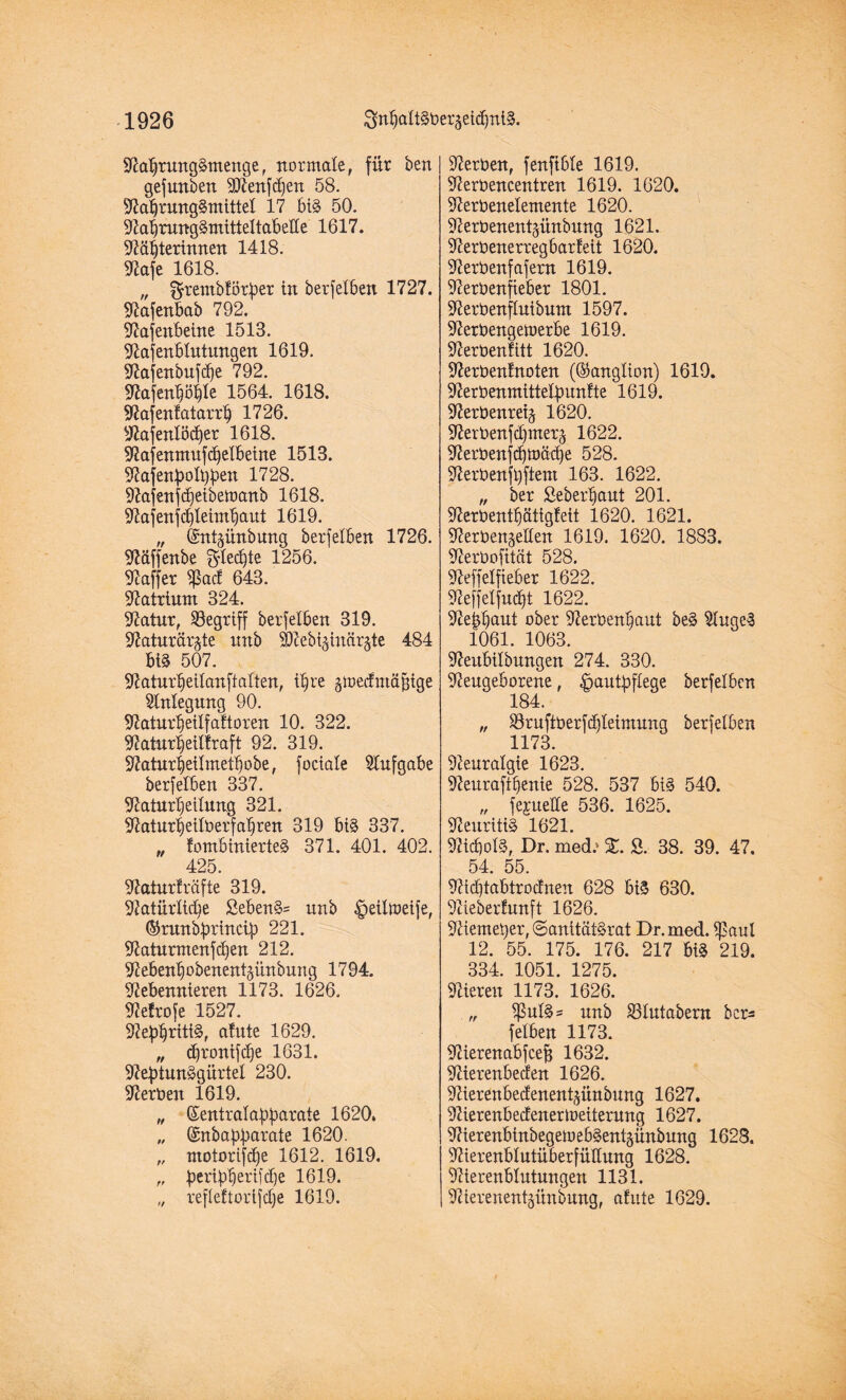 Nahrungsmenge, normale, für ben gefunben 9Nenfd)en 58. Nahrungsmittel 17 bis 50. NahrungSmitteltabelle 1617. Nähterinnen 1418. Nafe 1618. „ fJrembtötjDer in berfelben 1727. Nafenbab 792. Nafenbeine 1513. Nafenbltttungen 1619. Nafenbufd)e 792. Nafenhöhle 1564. 1618. Nafenfatarrh 1726. Nafenlöcher 1618. Nafenntufdfelbeine 1513. NafenboIt)ben 1728. Nafenfdieibetüanb 1618. Najenfchleimhaut 1619. „ (Sntgünbung berfelben 1726. Näffenbe flechte 1256. Naffer $acf 643. Natrium 324. Natur, begriff berfelben 319. Naturärgte nnb Sb7ebi§inär§te 484 biS 507. Naturheilanftalten, ihre gioedntäfsige Anlegung 90. Natnrheilfaftoren 10. 322. Natnrheiltraft 92. 319. Natnrheilmethobe, fociale Nufgabe berfelben 337. Natnrheilnng 321. NatnrheilOerfahren 319 biS 337. „ fombinierteS 371. 401. 402. 425. Naturfräfte 319. Natürlidje £ebenS= nnb ^»eiltoeife, (^rnnb^rincib 221. Naturmenfchen 212. Nebenhobenentgünbung 1794. Nebennieren 1173. 1626. Nefrofe 1527. Neuritis, atnte 1629. „ djronifdje 1631. NefdunSgürtel 230. Nerüen 1619. „ ©entralafjfmrate 1620. „ ©nbabbarate 1620. „ motorifdje 1612. 1619. „ ber^erifcl)e 1619. „ refleftorifdje 1619. Neröen, fenfible 1619. Nerüencentren 1619. 1620. Nerbenetemente 1620. Neroenentgiinbung 1621. NerOenerregbarteit 1620. Nerbenfafern 1619. Nerbenfieber 1801. Nerbenflnibnm 1597. Nerbengetoerbe 1619. Nerbenlitt 1620. Nerüenfnoten (Ganglion) 1619. Nerbenmittelbnnfte 1619. Neröenreig 1620. NerOenfdjmerg 1622. Nerbenfd)mä(he 528. Nerbenfhftent 163. 1622. „ ber Seberhant 201. Nerbenthätigteit 1620. 1621. NerOengellen 1619. 1620. 1883. Nerbofitat 528. Neffelfieber 1622. Neffelfudjt 1622. Nebhtrut ober Nerbentjaut beS NngeS 1061. 1063. Neubilbungen 274. 330. Neugeborene, ^antbflege berfelben 184. „ 33rnftberfd)leimnng berfelben 1173. Neuralgie 1623. Neurafthenie 528. 537 biS 540. „ fejuede 536. 1625. Neuritis 1621 NicholS, Dr. med; %. S. 38. 39. 47. 54. 55. Nidftabtrocfnen 628 biS 630. Nieberlunft 1626. Niemetjer, ©anitätSrat Dr.med. *paul 12. 55. 175. 176. 217 biS 219. 334. 1051. 1275. Nieren 1173. 1626. „ $ulS= nnb 33lutabern bcr- f eiben 1173. Nierenabfcejj 1632. Nierenbecfen 1626. Nierenbedenentgünbung 1627. Nierenbecfenertoeiterung 1627. NierenbinbegetuebSentgünbung 1628. Nierenblutüberfüllung 1628. Nierenblutungen 1131. Nierenentgiinbung, afute 1629.