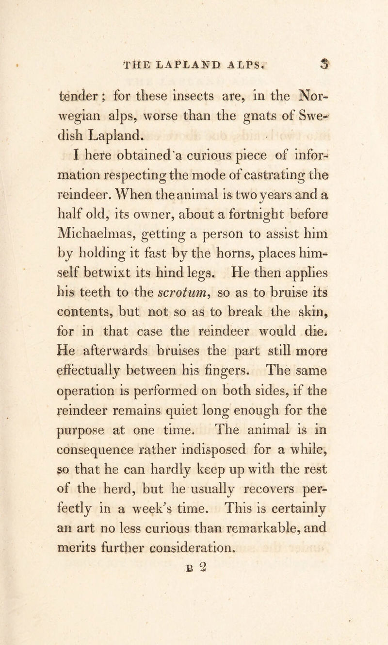 tender; for these insects are, in the Nor¬ wegian alps, worse than the gnats of Swe¬ dish Lapland. I here obtained a curious piece of infor¬ mation respecting the mode of castrating the reindeer. When the animal is two years and a half old, its owner, about a fortnight before Michaelmas, getting a person to assist him by holding it fast by the horns, places him¬ self betwixt its hind legs. He then applies his teeth to the scrotum, so as to bruise its contents, but not so as to break the skin, for in that case the reindeer would die. He afterwards bruises the part still more effectually between his fingers. The same operation is performed on both sides, if the reindeer remains quiet long enough for the purpose at one time. The animal is in consequence rather indisposed for a while, so that he can hardly keep up with the rest of the herd, but he usually recovers per¬ fectly in a week's time. This is certainly an art no less curious than remarkable, and merits further consideration. b 2