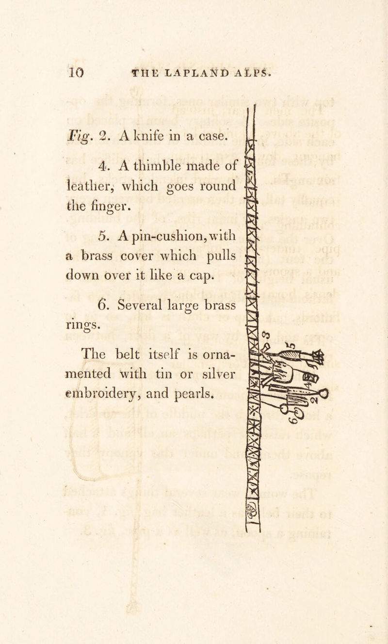 Fig. 2. A knife in a case. 4. A thimble made of leather, which goes round the finger. 5 5. A pin-cushion, with a brass cover which pulls down over it like a cap. 6. Several large brass rings. * \ The belt itself is orna¬ mented with tin or silver embroidery, and pearls.