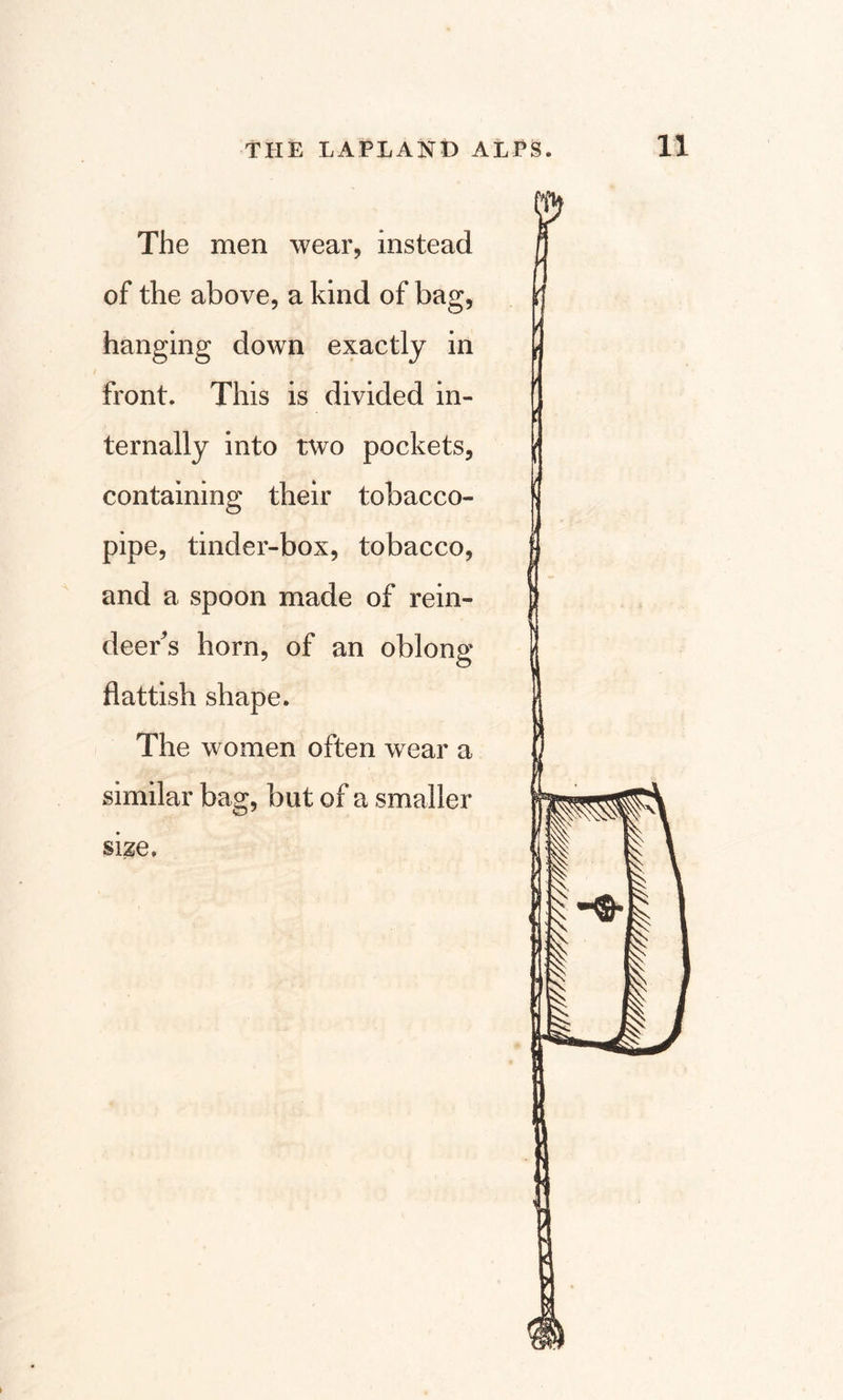 The men wear, instead of the above, a kind of bag, hanging down exactly in front. This is divided in¬ ternally into two pockets, containing their tobacco- pipe, tinder-box, tobacco, and a spoon made of rein¬ deer's horn, of an oblong flattish shape. The women often wear a similar bag, but of a smaller size.