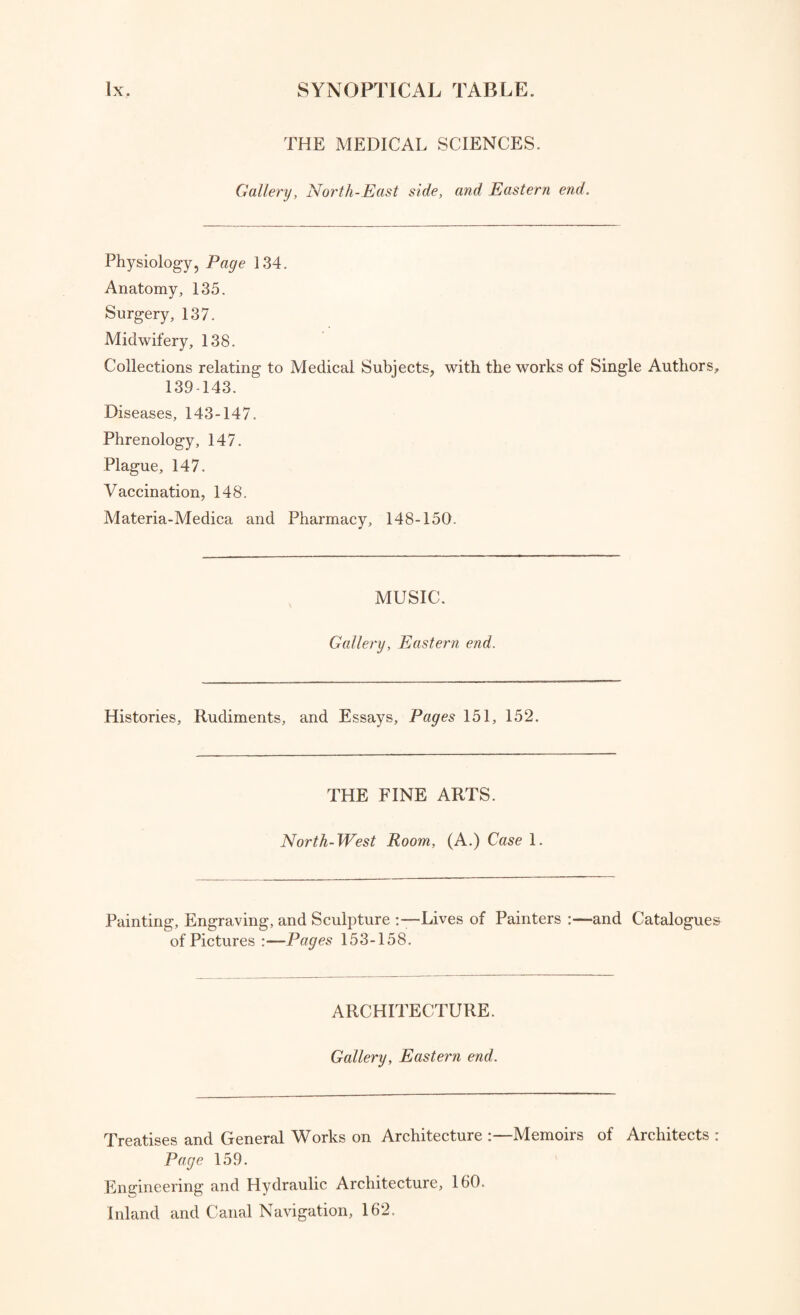 THE MEDICAL SCIENCES. Gallery, North-East side, and Eastern end. Physiology, Page 134. Anatomy, 135. Surgery, 137. Midwifery, 138. Collections relating to Medical Subjects, with the works of Single Authors, 139-143. Diseases, 143-147. Phrenology, 147. Plague, 147. Vaccination, 148. Materia-Medica and Pharmacy, 148-150. MUSIC. Gallery, Eastern end. Histories, Rudiments, and Essays, Pages 151, 152. THE FINE ARTS. North-West Room, (A.) Case 1. Painting, Engraving, and Sculpture Lives of Painters :—and Catalogues of Pictures Pages 153-158. ARCHITECTURE. Gallery, Eastern end. Treatises and General Works on Architecture :—Memoirs of Architects : Page 159. Engineering and Hydraulic Architecture, 160. Inland and Canal Navigation, 162.