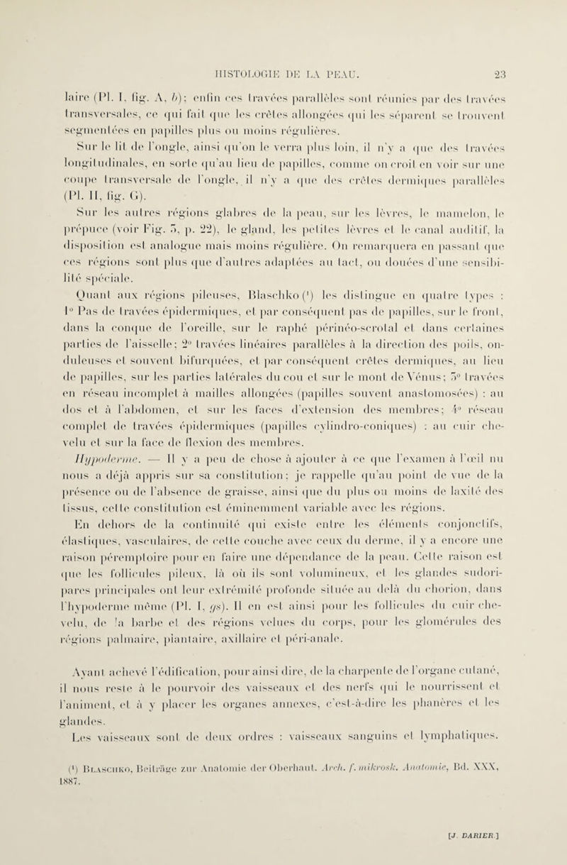 lairo (PI. I, fig. A, 6); enfin ces travées parallèles sont réunies par des travées transversales, ce <|ni lait <jue les crêtes allongées <pii les séparent se trouvent segmentées en papilles plus ou moins régulières. Sur le fil de l’ongle, ainsi qu’on le verra plus loin, il n’y a que des travées longitudinales, en sorte1 qu’au lieu de papilles, comme on croit en voir sur une coupe transversale de l’ongle, il n’y a que des crêtes dermiques parallèles (PL II, lig. G). Sur les autres régions glabres de la peau, sur les lèvres, b1 mamelon, b1 prépuce (voir Fig. b, p. 22), le gland, les petites lèvres et b1 canal auditif, la disposition est analogue mais moins régulière. On remarquera en passant que ces régions sont plus que d autres adaptées au tact, ou douées d’une sensibi¬ lité spéciale. Quant aux régions pileuses, Blaschko (') les distingue en quatre types : I Pas de travées épidermiques, et par conséquent pas de papilles, sur le front, dans la conque de l’oreille, sur le raphé périnéo-scrotal et dans certaines parties de l’aisselle; 2° travées linéaires parallèles à la direction des poils, on¬ duleuses et souvent bifurquées, et par conséquent crêtes dermiques, au lieu de papilles, sur les parties latérales du cou et sur le mont de Vénus; e° travées en réseau incomplet à mailles allongées (papilles souvent anastomosées) : au dos et à l’abdomen, et sur les laces d’extension des membres; P réseau complet de travées épidermiques (papilles cylindro-coniques) : au cuir che¬ velu et sur la face de flexion des membres. Hypoderme. — 11 va peu de chose à ajouter à ce (pie l'examen à l'œil nu nous a déjà appris sur sa constitution; je rappelle qu’au point de vue de la présence ou de l’absence de graisse, ainsi que du plus ou moins de laxilé des tissus, cette constitution est éminemment variable avec les régions. En dehors de la continuité qui existe entre les éléments conjonctifs, élastiques, vasculaires, de celte couche avec ceux du derme, il y a encore une raison péremptoire pour en faire une dépendance de la peau. Celle raison est que les follicules pileux, là où ils sont volumineux, et les glandes sudori- pares principales ont leur extrémité profonde située au delà du ehorion, dans l’hypoderme même (PI. I, gs). Il en est ainsi pour les follicules du cuir che¬ velu, de !a barbe et des régions velues du corps, pour les glomérules des régions palmaire, plantaire, axillaire et péri-anale. Ayant achevé l’édification, pour ainsi dire, de la charpente de 1 organe cutané, il nous reste à le pourvoir des vaisseaux et des nerfs qui le nourrissent et l’animent, et à y placer les organes annexes, c’est-à-dire les phanères et les glandes. Les vaisseaux sont de deux ordres : vaisseaux sanguins et lymphatiques. (l) Blaschko, Beilriige zur Anatomie der Oberhaut. Arcli. f.mikrosk. Anatomie, Bd. XXX, 1887.
