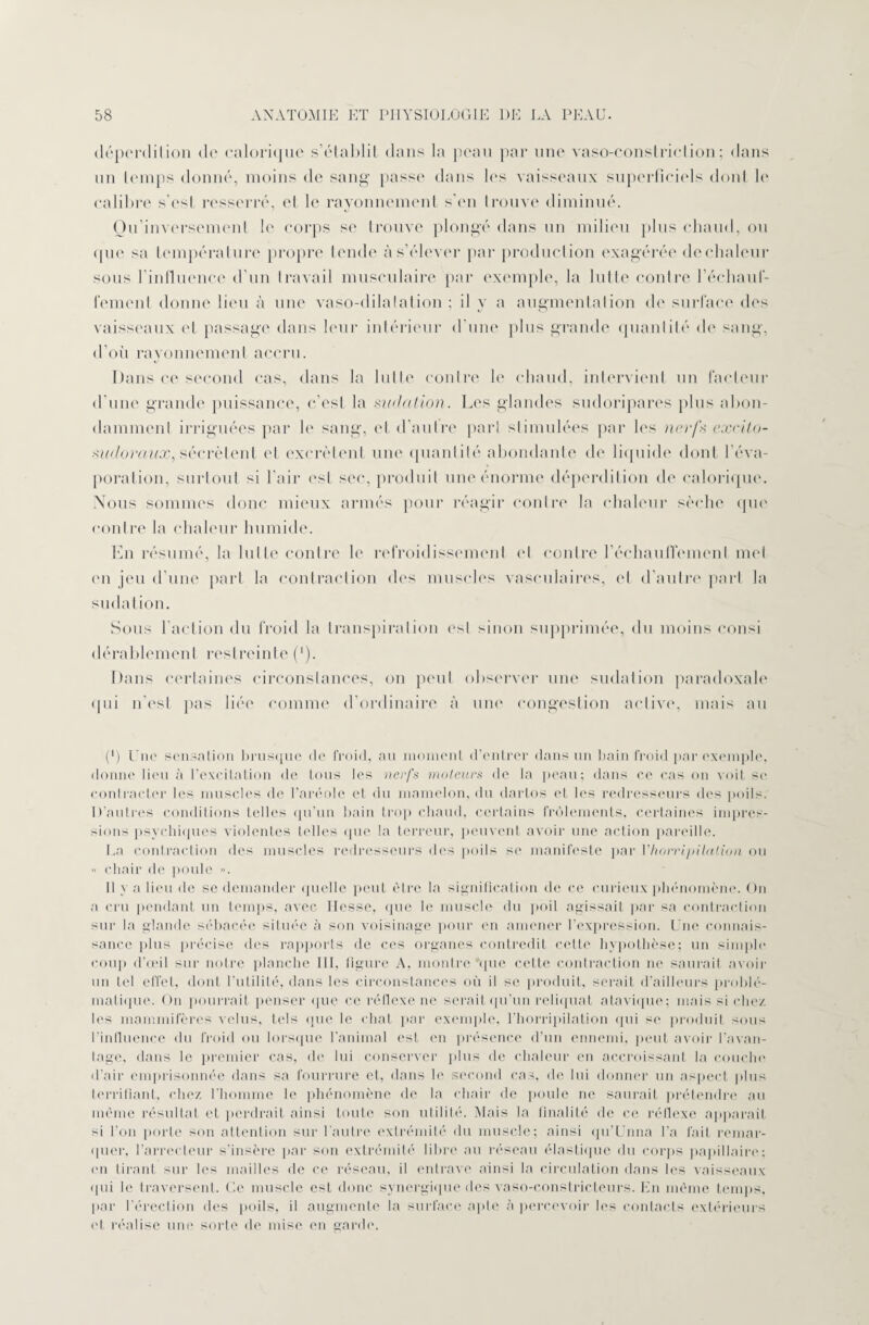 déperdition de calorique s’établit dans la peau par une vaso-constriction; dans un temps donné, moins de sang passe dans les vaisseaux superficiels dont le calibre s'esl resserré, et le rayonnement s’en trouve diminué. Ou inversement le corps se trouve plongé dans un milieu plus chaud, ou que sa température propre tende à s’élever par production exagérée de chaleur sous l’influence d’un travail musculaire par exemple, la lutte contre réchauf¬ fement donne lieu à une vaso-dilatation : il y a augmentation de surface des vaisseaux et passage dans leur intérieur d’une plus grande quantité de sang, d'où rayonnement accru. Dans ce second cas, dans la lutte contre le chaud, intervient un fadeur d’une grande puissance, c’est la sudation. Les glandes sudoripares plus abon¬ damment irriguées par le sang, et d’autre part stimulées par les nerfs excito- sudonQux, sécrètent et excrètent une quantité abondante de liquide dont l’éva¬ poration, surtout si l'air est sec, produit une énorme déperdition de calorique. Nous sommes donc mieux armés pour réagir contre la chaleur sèche que contre la chaleur humide. En résumé, la lutte contre le refroidissement et contre réchauffement met en jeu d’une part la contraction des muscles vasculaires, et d’autre part la sudation. Sous l’action du froid la transpiration est sinon supprimée, du moins consi dérablement restreinte ('). Dans certaines circonstances, on peut observer une sudation paradoxale qui n’est pas liée comme d’ordinaire à une congestion active, mais au (*) Une sensation brusque de froid, au moment d’entrer dans un bain froid par exemple, donne lieu à l’excitation de tous les nerfs moteurs de la peau; dans ce cas on voit sc contracter les muscles de l’aréole et du mamelon, du clartos et les redresseurs des poils. D’autres conditions telles qu’un bain trop chaud, certains frôlements, certaines impres¬ sions psychiques violentes telles (pie la terreur, peuvent avoir une action pareille. La contraction des muscles redresseurs des poils se manifeste par Y horripilation ou « chair de poule ». Il y a lieu de sc demander quelle peut être la signification de ce curieux phénomène. Ou a cru pendant un temps, avec Hesse, que le muscle du poil agissait par sa contraction sur la glande sébacée située à son voisinage pour en amener l'expression. Une connais¬ sance plus précise des rapports de ces organes contredit cette hypothèse; un simple coup d’œil sur notre planche III, figure A, montre que cette contraction ne saurait avoir un tel effet, dont futilité, dans les circonstances où il se produit, serait d'ailleurs problé¬ matique. On pourrait penser que ce réflexe ne serait qu’un reliquat atavique; mais si chez les mammifères velus, tels que le chat par exemple, fhorripilation qui se produit sous l’influence du froid ou lorsque l'animal est en présence d’un ennemi, peut avoir l’avan¬ tage, dans le premier cas, de lui conserver plus de chaleur en accroissant la couche d’air emprisonnée dans sa fourrure et, dans le second cas, de lui donner un aspect plus terrifiant, chez l’homme le phénomène de la chair de poule ne saurait prétendre au même résultat et perdrait ainsi toute son utilité. Mais la finalité de ce réflexe apparait si l’on porte son attention sur l’autre extrémité du muscle; ainsi qu’Unna l’a fait remar¬ quer, l’arreclcur s’insère par son extrémité libre au réseau élastique du corps papillaire; en tirant sur les mailles de ce réseau, il entrave ainsi la circulation dans les vaisseaux qui le traversent. Ce muscle est donc synergique des vaso-constricteurs. En même temps, par l'érection des poils, il augmente la surface apte à percevoir les contacts extérieurs et réalise une sorte de mise en garde.