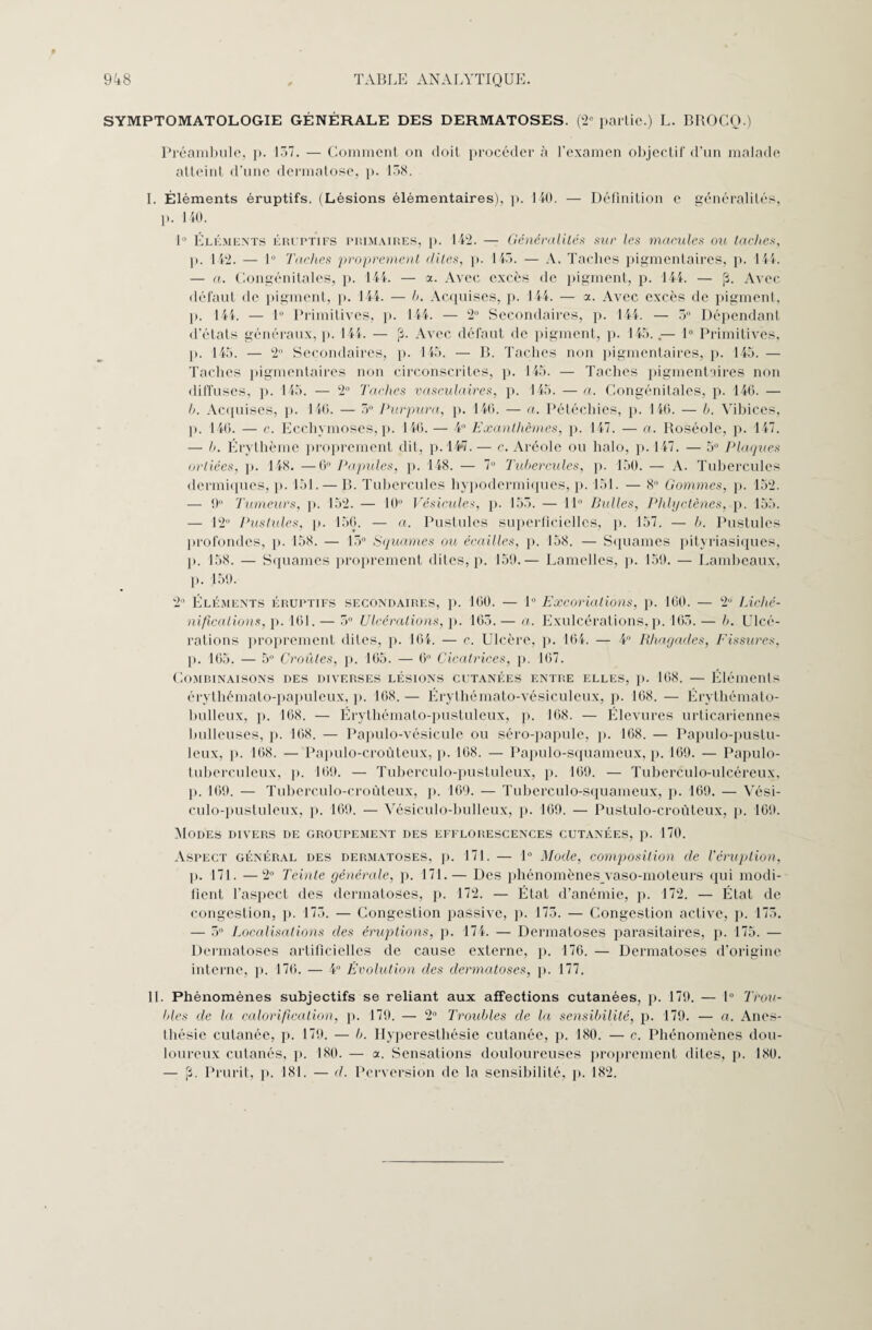 SYMPTOMATOLOGIE GÉNÉRALE DES DERMATOSES. (2e partie.) L. BROCQ.) Préambule, p. 137. — Comment on doit procéder à l’examen objectif d’un malade atteint d’une dermatose, p. 1.38. I. Éléments éruptifs. (Lésions élémentaires), p. 110. — Définition e généralités, p. 140. 1° Éléments éruptifs primaires, p. 142. — Généralités stir les macules ou taches, p. 142. — 1° Taches proprement dites, p. 145. — A. Taches pigmentaires, p. 141. — a. Congénitales, p. 111. — a. Avec excès de pigment, p. 141. — p. Avec défaut de pigment, p. 144. — h. Acquises, p. 144. — a. Avec excès de pigment, p. 144. — 1° Primitives, p. 144. — 2° Secondaires, p. 141. — 5° Dépendant d’états généraux, p. 111. — p. Avec défaut de pigment, p. 145..— 1° Primitives, p. 145. — 2 Secondaires, p. 115. — B. Taches non pigmentaires, p. 145. — Taches pigmentaires non circonscrites, p. 145. — Taches pigmentaires non diffuses, p. 145. — 2° Taches vasculaires, p. 145. — a. Congénitales, p. 140. — h. Acquises, p. 140. — 3° Purpura, p. 140. — a. Pétéchies, p. 140. — b. Vibices, j). 140. — c. Ecchymoses, p. 110. — 4° Exanthèmes, p. 147. — a. Roséole, p. 147. — b. Érythème proprement dit, p.l4>7. — c. Aréole ou halo, p. 147. — 5° Plaques orliées, p. 148. —0° Papules, p. 148. — 7° Tubercules, p. 150. — A. Tubercules dermiques, p. 151. — B. Tubercules hypodermiques, p. 151. — 8 Gommes, p. 152. — 9° Tumeurs, p. 152. — 10° Vésicules, p. 155. — 11 Bulles, Phlyctènes, p. 155. — 12° Pustules, p. 150. — a. Pustules superficielles, p. 157. — b. Pustules profondes, p. 158. — 15° Squames ou écailles, p. 158. — Squames pityriasiques, p. 158. — Squames proprement dites, p. 159.— Lamelles, p. 159. — Lambeaux, p. 159. 2° Éléments éruptifs secondaires, p. 100. — 1° Excoriations, p. 160. — 2° Liché¬ nifications, p. 101. — 5° Ulcérations, p. 103. — a. Exulcérations, p. 105. — b. Ulcé¬ rations proprement dites, p. 101. — c. Ulcère, p. 101. — 4° Rhagades, Fissures, p. 105. — 5° Croûtes, p. 105. — 0° Cicatrices, p. 107. Combinaisons des diverses lésions cutanées entre elles, p. 108. — Éléments érythémato-papuleux, p. 108. — Érylhémato-vésiculeux, p. 108. — Érythémato- bulleux, p. 168. — Érythémato-pustuleux, p. 108. — Élevures urticariennes bulleuses, p. 108. — Papulo-vésicule ou séro-papule, p. 168. — Papulo-pustu- leux, p. 168. — Papulo-croùteux, p. 168. — Papulo-squameux, p. 109. — Papulo- tuberculeux, p. 109. — Tuberculo-pustuleux, p. 109. — Tuberculo-ulcéreux, p. 169. — Tuberculo-croùteux, p. 169. — Tuberculo-squameux, p. 169. — Vési- culo-pustuleux, p. 109. — Vésiculo-bulleux, p. 169. — Pustulo-croùteux, p. 169. Modes divers de groupement des efflorescences cutanées, p. 170. Aspect général des dermatoses, p. 171. — 1° Mode, composition de l'éruption, p. 171. —2° Teinte générale, p. 171.— Des phénomènesvaso-moteurs qui modi¬ fient l’aspect des dermatoses, p. 172. — État d’anémie, p. 172. — État de congestion, p. 173. — Congestion passive, p. 173. — Congestion active, p. 175. — 5° Localisations des éruptions, p. 171. — Dermatoses parasitaires, p. 175. — Dermatoses artificielles de cause externe, p. 176. — Dermatoses d’origine interne, p. 170. — 4° Évolution des dermatoses, p. 177. II. Phénomènes subjectifs se reliant aux affections cutanées, p. 179. — 1° Trou¬ bles de la calorification, p. 179. — 2° Troubles de la sensibilité, p. 179. — a. Anes¬ thésie cutanée, p. 179. — b. Hyperesthésie cutanée, p. 180. — c. Phénomènes dou¬ loureux cutanés, p. 180. — a. Sensations douloureuses proprement dites, p. 180. — p. Prurit, p. 181. — d. Perversion de la sensibilité, p. 182.