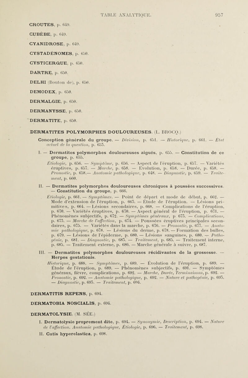 CROUTES, i». 049. CUBÈBE. p. 649. CYANIDROSE, p. 049. CYSTADÉNOMES, p. 650. CYSTICERQUE, p. 650. DARTRE, p. 650. DELHI (Bouton de), p. 650. DEMODEX. p. 650. DERMALGIE, p. 650. DERMANYSSE. p. 650. DERMATITE, p. 650. DERMATITES POLYMORPHES DOULOUREUSES. (L. BROCQ.) Conception générale du groupe. — Division, p. 651. — Historique, p. 661. — Etat actuel de la question, p. 653. I. — Dermatites polymorphes douloureuses aiguës, p. 655. — Constitution de ce groupe, p. 655. Etiologie, p. 656. — Symptôme, p. 656. — Aspect de l’éruption, p. 657. — Variétés éruptives, p. 657. — Marche, p. 658. — Évolution, p. 658. — Durée, p. 658. — Pronostic, p. 658.— Anatomie pathologique, p. 648. — Diagnostic, p. 659. — Traite¬ ment, p. 660. IL — Dermatites polymorphes douloureuses chroniques à poussées successives. — Constitution du groupe, p. 666. Etiologie, p. 661.— Symptômes. — Point de départ et mode de début, p. 062. — Mode d’extension de l’éruption, p. 665. — Étude de l’éruption. — Lésions pri¬ mitives, p. 664. — Lésions secondaires, p. 668. — Complications de l’éruption, p. 670. — Variétés éruptives, p. 670. —Aspect général de l’éruption, p. 671. — Phénomènes subjectifs, p. 672. — Symptômes généraux, p 675. — Complications, p. 675. — Marche de Vaffection, p. 674. — Poussées éruptives principales secon¬ daires, p. 675. — Variétés dans la marche, p. 676. — Pronostic, p. 677. — Anato¬ mie pathologique, p. 678. — Lésions du derme, p. 678. — Formation des bulles, p. 679. — Lésions de l’épiderme, p. 680. — Lésions sanguines, p. 680. -r- Patho- génie, p. 681. — Diagnostic, p. 683. — Traitement, p. 685. — Traitement interne, p. 685. — Traitement externe, p. 686. —Marche générale à suivre, p. 687. Il L — Dermatites polymorphes douloureuses récidivantes de la grossesse. — Herpes gestationis. Historique, p. 688. — Symptômes, p. 689. — Évolution de l’éruption, p. 689. — Étude de l’éruption, p. 689. — Phénomènes subjectifs, p. 691. — Symptômes généraux, fièvre, complications, p. 692. — Marche, Durée, Terminaisons, p. 692. — Pronostic, p. 692. — Anatomie pathologique, p. 692. — Nature et pathogénie, p. 695. — Diagnostic, p. 695. — Traitement, p. 094. DERMATITIS REPENS, p. 694. DERMATOBIA NOSCIALIS. p. 694. DERMATOLYSIE. (M. SÉE.) I. Dermatolysie proprement dite, p. 694. — Synonymie, Description, p. 694. — Nature de l'affection. Anatomie pathologique, Etiologie, p. 696. — Traitement, p. 698. IL Cutis hyperelastica, p. 698.