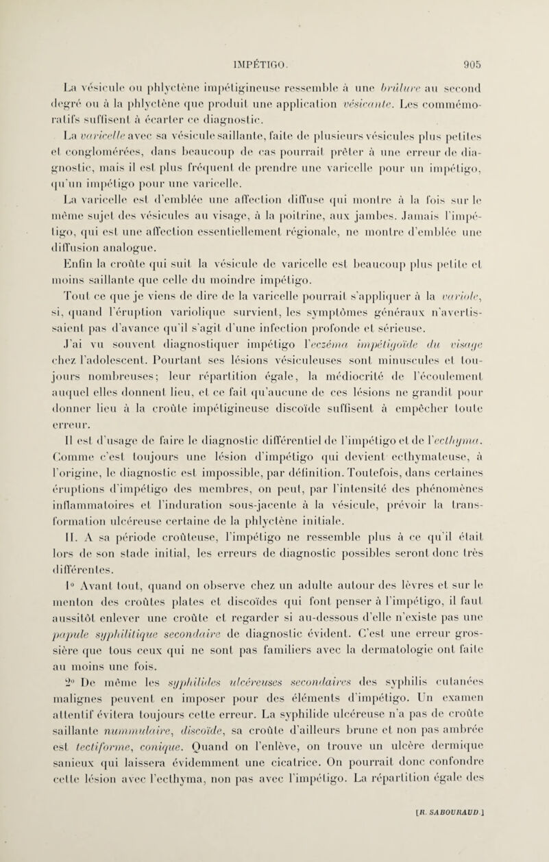 La vésicule ou phlyctène impétigineuse ressemble à une brûlure au second degré ou à la phlyctène que produit une application vésicante. Les commémo¬ ratifs suffisent à écarter ce diagnostic. La varicelle avec sa vésicule saillante, faite de plusieurs vésicules plus petites et conglomérées, dans beaucoup de cas pourrait prêter à une erreur de dia¬ gnostic, mais il est plus fréquent de prendre une varicelle pour un impétigo, qu’un impétigo pour une varicelle. La varicelle est d’emblée une affection diffuse qui montre à la fois sur le même sujet des vésicules au visage, à la poitrine, aux jambes. Jamais l’impé¬ tigo, qui esl une affection essentiellement régionale, ne montre d’emblée une diffusion analogue. Enfin la croûte qui suit la vésicule de varicelle est beaucoup plus petite et moins saillante que celle du moindre impétigo. Tout ce que je viens de dire de la varicelle pourrait s’appliquer à la variole, si, quand l'éruption variolique survient, les symptômes généraux n'avertis¬ saient pas d’avance qu'il s'agit d’une infection profonde et sérieuse. J’ai vu souvent diagnostiquer impétigo Veczéma impétigoïcle du visage chez l’adolescent. Pourtant ses lésions vésiculeuses sont minuscules et tou¬ jours nombreuses; leur répartition égale, la médiocrité de l’écoulement auquel elles donnent lieu, et ce fait qu’aucune de ces lésions ne grandit pour donner lieu à la croûte impétigineuse discoïde suffisent à empêcher toute erreur. 11 est d'usage de faire le diagnostic différentiel de l’impétigo et de Yeclhyma. Comme c’est toujours une lésion d’impétigo qui devient eclhymateuse, à l’origine, le diagnostic est impossible, par définition. Toutefois, dans certaines éruptions d impétigo des membres, on peut, par l’intensité des phénomènes inflammatoires et l’induration sous-jacente à la vésicule, prévoir la trans¬ formation ulcéreuse certaine de la phlyctène initiale. IL A sa période croûteuse, l’impétigo ne ressemble plus à ce qu’il était lors de son stade initial, les erreurs de diagnostic possibles seront donc très différentes. 1° Avant tout, quand on observe chez un adulte autour des lèvres et sur le menton des croûtes plates et discoïdes qui font penser à l’impétigo, il faut aussitôt enlever une croûte et regarder si au-dessous d’elle n’existe pas une papule syphilitique secondaire de diagnostic évident. C’est une erreur gros¬ sière que tous ceux qui ne sont pas familiers avec la dermatologie ont faite au moins une fois. 2° De même les sgp/tilides ulcéreuses secondaires des syphilis cutanées malignes peuvent en imposer pour des éléments d’impétigo. Un examen attentif évitera toujours cette erreur. La syphilide ulcéreuse n’a pas de croûte saillante nummulaire, discoïde, sa croûte d’ailleurs brune et non pas ambrée est tectiforme, conique. Quand on l’enlève, on trouve un ulcère dermique sanieux cpii laissera évidemment une cicatrice. On pourrait donc confondre celle lésion avec l’ecthyma, non pas avec l’impétigo. La répartition égale des [fl. SABOIIRAVU l