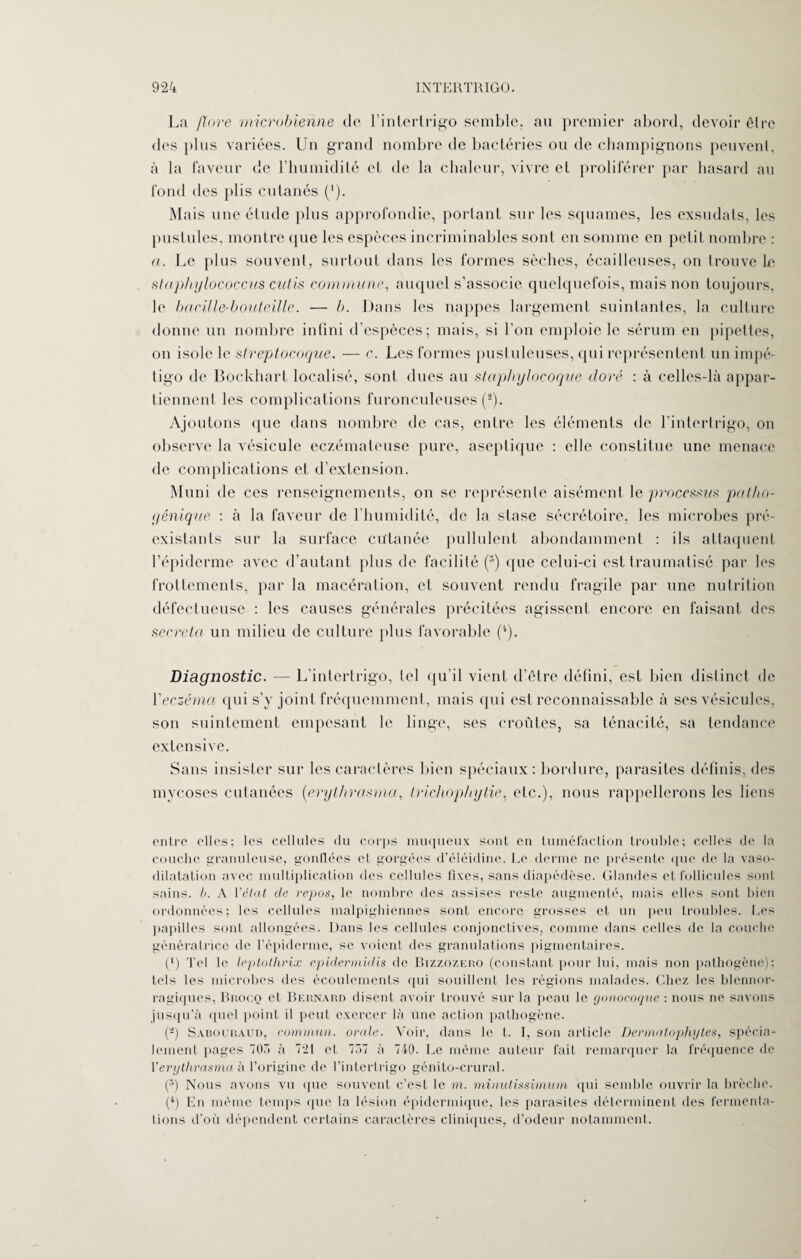 La flore microbienne de l’intertrigo semble, au premier abord, devoir être des plus variées. Un grand nombre <le bactéries ou de champignons peuvent, à la faveur de l’humidité et de la chaleur, vivre et proliférer par hasard au fond des plis cutanés ('). Mais une étude plus approfondie, portant sur les squames, les exsudais, les pustules, montre que les espèces incriminables sont en somme en petit nombre : a. Le plus souvent, surtout dans les formes sèches, écailleuses, on trouve le staphylococcies cutis commune, auquel s’associe quelquefois, mais non toujours, le bacille-bouteille. — l>. Dans les nappes largement suintantes, la culture donne un nombre infini d’espèces; mais, si l’on emploie le sérum en pipettes, on isole le streptocoque. — c. Les formes pustuleuses, qui représentent un impé¬ tigo de Bockhart localisé, sont dues au staphylocoque doré : à celles-là appar¬ tiennent les complications furonculeuses (2). Ajoutons que dans nombre de cas, entre les éléments de l’intertrigo, on observe la vésicule eczémateuse pure, aseptique : elle constitue une menace de complications et d’extension. Muni de ces renseignements, on se représente aisément le processus patho¬ génique : à la faveur de l’humidité, de la stase sécrétoire, les microbes pré¬ existants sur la surface cutanée pullulent abondamment : ils attaquent l’épiderme avec d’autant plus de facilité (3) que celui-ci est traumatisé par les frottements, par la macération, et souvent rendu fragile par une nutrition défectueuse : les causes générales précitées agissent encore en faisant des sécréta un milieu de culture plus favorable (l). Diagnostic. — L’intertrigo, tel qu’il vient d’être défini, est bien distinct de Y eczéma qui s’v joint fréquemment, mais qui est reconnaissable à ses vésicules, son suintement empesant le linge, ses croûtes, sa ténacité, sa tendance extensive. Sans insister sur les caractères bien spéciaux: bordure, parasites définis, des mycoses cutanées (erythrasma, Irichophytie, etc.), nous rappellerons les liens entre elles; les cellules du corps muqueux sont en tuméfaction trouble; celles de la couche granuleuse, gonflées et gorgées d’éléidine. Le derme ne présente que de la vaso¬ dilatation avec multiplication des cellules fixes, sans diapédèse. Glandes et follicules sont sains. l>. A l'état de repos, le nombre des assises reste augmenté, mais elles sont bien ordonnées; les cellules malpighiennes sont encore grosses et un peu troubles. Les papilles sont allongées. Dans les cellules conjonctives, comme dans celles de la couche génératrice de l’épiderme, se voient des granulations pigmentaires. (‘) Tel le leptothrix epidermidis de Bizzozero (constant pour lui, mais non pathogène); tels les microbes des écoulements qui souillent les régions malades. Chez les blennor¬ ragiques, Brocq et Bernard disent avoir trouvé sur la peau le gonocoque : nous ne savons jusqu’à quel point il peut exercer là une action pathogène. (-) Sabouraud, commun, orale. Voir, dans le t. I, son article Dermatophytes, spécia¬ lement i>ages 7O.-» à 721 et 757 à 740. Le même auteur fait remarquer la fréquence de l'erythrasma à l’origine de l’intertrigo génito-crural. (3) Nous avons vu que souvent c’est le m. minutissimum qui semble ouvrir la brèche. (4) En même temps que la lésion épidermique, les parasites déterminent des fermenta¬ tions d’où dépendent certains caractères cliniques, d’odeur notamment.