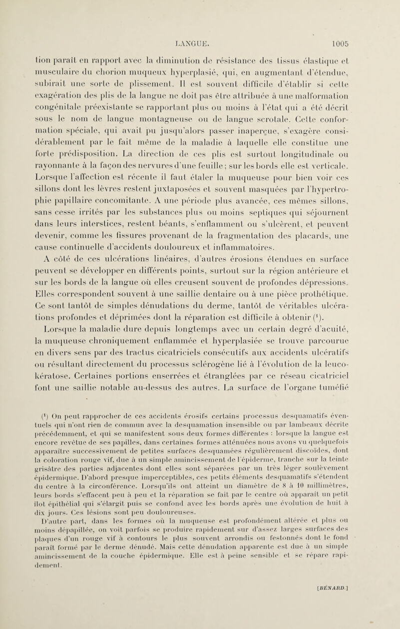 lion paraît en rapport avec la diminution de résistance des tissus élastique et musculaire du chorion muqueux hyperplasié, qui, en augmentant d’étendue, subirait une sorte de plissement. 11 est souvent difficile d’établir si celte exagération des plis de la langue ne doit pas être attribuée à une malformation congénitale préexistante se rapportant plus ou moins à l’état qui a été décrit sous le nom de langue montagneuse ou de langue scrotale. Celte confor¬ mation spéciale, qui avait pu jusqu’alors passer inaperçue, s’exagère consi¬ dérablement par le fait même de la maladie à laquelle elle constitue une forte prédisposition. La direction de ces plis est surtout longitudinale ou rayonnante à la façon des nervures d’une feuille; sur les bords elle est verticale. Lorsque 1 affection est récente il faut étaler la muqueuse pour bien voir ces sillons dont les lèvres restent juxtaposées et souvent masquées par l’hypertro¬ phie papillaire concomitante. A une période plus avancée, ces mêmes sillons, sans cesse irrités par les substances plus ou moins septiques qui séjournent dans leurs interstices, restent béants, s’enflamment ou s’ulcèrent, et peuvent devenir, comme les fissures provenant de la fragmentation des placards, une cause continuelle d’accidents douloureux et inflammatoires. A côté de ces ulcérations linéaires, d’autres érosions étendues en surface peuvent se développer en différents points, surtout sur la région antérieure et sur les bords de la langue où elles creusent souvent de profondes dépressions. Elles correspondent souvent à une saillie dentaire ou à une pièce prothétique. Ce sont tantôt de simples dénudations du derme, tantôt de véritables ulcéra¬ tions profondes et déprimées dont la réparation est difficile à obtenir (*). Lorsque la maladie dure depuis longtemps avec un certain degré d’acuité, la muqueuse chroniquement enflammée et hyperplasiée se trouve parcourue en divers sens par des tractus cicatriciels consécutifs aux accidents ulcératifs ou résultant directement du processus sclérogène lié à l’évolution de la leuco- kératose. Certaines portions enserrées et étranglées par ce réseau cicatriciel font une saillie notable au-dessus des autres a surface de l’organe tuméfié (') On peut rapprocher de ces accidents érosifs certains processus desquamatifs éven¬ tuels qui n’ont rien de commun avec la desquamation insensible ou par lambeaux décrite précédemment, et qui se manifestent sous deux formes différentes : lorsque la langue est encore revêtue de ses papilles, dans certaines formes atténuées nous avons vu quelquefois apparaître successivement de petites surfaces desquamées régulièrement discoïdes, dont la coloration rouge vif, due à un simple amincissement de l'épiderme, tranche sur la teinte grisâtre des parties adjacentes dont elles sont séparées par un très léger soulèvement épidermique. D’abord presque imperceptibles, ces petits éléments desquamatifs s’étendent du centre à la circonférence. Lorsqu’ils ont atteint un diamètre de 8 à 10 millimètres, leurs bords s’effacent peu à peu et la réparation se fait par le centre où apparaît un petit îlot épithélial qui s’élargit puis se confond avec les bords après une évolution de huit à dix jours. Ces lésions sont peu douloureuses. D’autre part, dans les formes où la muqueuse est profondément altérée et plus ou moins dépapillée, on voit parfois se produire rapidement sur d’assez larges surfaces des plaques d’un rouge vif à contours le plus souvent arrondis ou festonnés dont le fond paraît formé par le derme dénudé. Mais cette dénudation apparente est due à un simple amincissement de la couche épidermique. Elle est à peine sensible et se répare rapi¬ dement. [BÉAMBD]