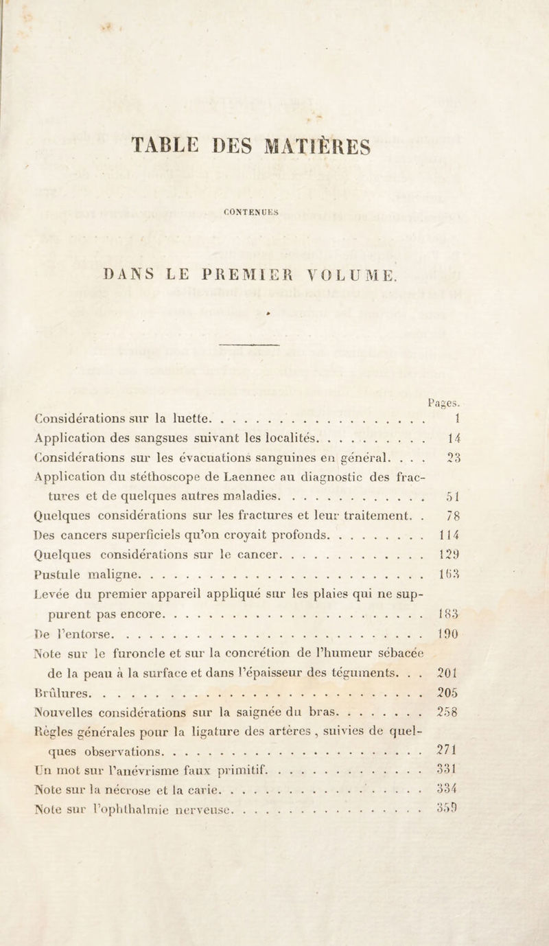 TABLE DES MATIÈRES CONTENUES DANS LE PREMIER VOLUME, Pages. Considérations sur la luette. Application des sangsues suivant les localités. Considérations sur les évacuations sanguines en général. . . . Application du stéthoscope de Laennec au diagnostic des frac¬ tures et de quelques autres maladies. Quelques considérations sur les fractures et leur traitement. . Des cancers superficiels qu’on croyait profonds. Quelques considérations sur le cancer. Pustule maligne. Levée du premier appareil appliqué sur les plaies qui ne sup¬ purent pas encore. De l’entorse. Note sur le furoncle et sur la concrétion de l’humeur sébacée de la peau à la surface et dans l’épaisseur des téguments. . . Brûlures. Nouvelles considérations sur la saignée du bras. Règles générales pour la ligature des artères , suivies de quel¬ ques observations. Un mot sur l’anévrisme faux primitif. Note sur la nécrose et la carie. Note sur l’ophthalmie nerveuse. 1 14 23 51 78 114 129 183 183 190 201 20-5 258 271 091 O O J 334 359