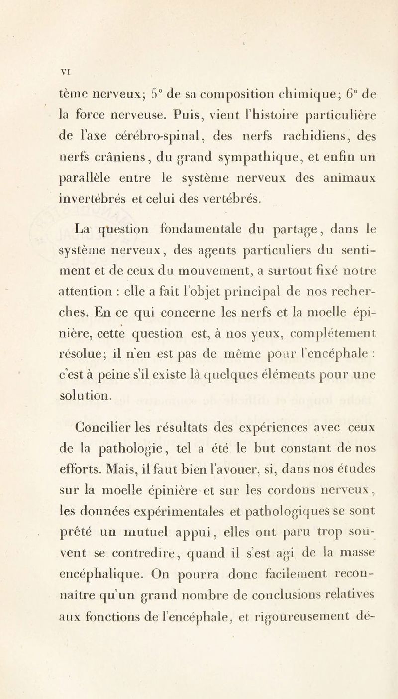 tènie nerveux; 5“ de sa composition chimique; 6° de la force nerveuse. Puis, vient l’histoire particulière de l’axe cérébro-spinal, des nerfs rachidiens, des nerfs crâniens, du grand sympathique, et enfin un parallèle entre le système nerveux des animaux invertébrés et celui des vertébrés. La question fondamentale du partage, dans le système nerveux, des agents particuliers du senti¬ ment et de ceux du mouvement, a surtout fixé notre attention : elle a fait l’objet principal de nos recher¬ ches. En ce qui concerne les nerfs et la moelle épi- a nière, cette question est, à nos yeux, complètement résolue; il nen est pas de même pour l’encéphale : c’est à peine s’il existe là quelques éléments pour une solution. Concilier les résultats des expériences avec ceux de la pathologie, tel a été le but constant de nos efforts. Mais, il faut bien l’avouer, si, dans nos études sur la moelle épinière et sur les cordons nerveux, les données expérimentales et pathologiques se sont prêté un mutuel appui, elles ont paru trop sou¬ vent se contredire, quand il s’est agi de la masse encéphalique. On pourra donc facilement recon¬ naître qu’un grand nombre de conclusions relatives aux fonctions de l’encéphale, et rigoureusement dé-