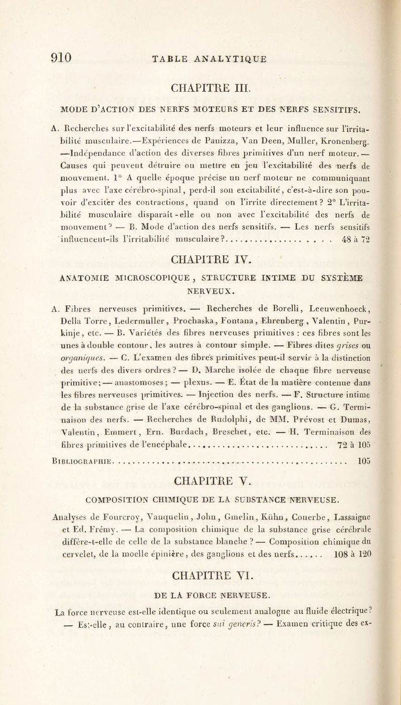 CHAPITRE m. MODE d’action DES NERFS MOTEURS ET DES NERFS SENSITIFS. A. Recherches sur l’excitahilité des nerfs moteurs et leur influence sur l’irrita¬ bilité musculaire.—Expériences de Panizza, Van Deen, Muller, Kronenberg. —Indépendance d’action des diverses fibres primitives d’un nerf moteur. — Causes qui peuvent détruire ou mettre en jeu l’excitabilité des nerfs de mouvement. 1° A quelle époque précise un nerf moteur ne communiquant plus avec l’axe cérébro-spinal, perd-il son excitabilité, c’est-à-dire son pou¬ voir d’excit'er des contractions, quand on l’irrite directement? 2° L’irrita¬ bilité musculaire disparaît-elle ou non avec l’excitabilité des nerfs de mouvement'^ — B. Mode d’action des nerfs sensitifs. — Les nerfs sensitifs influencent-ils l’irritabilité musculaire?. 48 à 72 CtlAPITRE IV. ANATOMIE MICROSCOPIQUE , STRUCTURE INTIME DU SYSTEME NERVEUX. A. Fibres nerveuses primitives. — Recherches de Borelli, Leeuv'enhoeck, Délia Torre, Lederrauller, Prochaska, Fontana, Ehrenberg , Valentin, Pur- kinje, etc. — B. Variétés des fibres nerveuses primitives : ces fibres sont les unes à double contour, les autres à contour simple. — Fibres dites grises ou organiques, — C. L’e.xamen des fibres primitives peut-il servir à la distinction des nerfs des divers ordres?— D. Marche isolée de chaque fibre nerveuse primitive; — anastomoses; — plexus. — E. Etat de la matière contenue dans les fibres nerveuses primitives. — Injection des nerfs. — F. Structure intime de la substance grise de l’axe cérébro-spinal et des ganglions. — G. Termi¬ naison des nerfs. — Recherches de Rudolphi, de MM. Prévost et Dumas, Valentin, Emmert, Ern. Burdach, Breschet, etc. — H. Terminaison des fibres primitives de l’encéphale. 72 à 105 Bibliogr.vphie. 105 CHAPITRE V. COMPOSITION CHIMIQUE DE LA SUBSTANCE NTIRVEUSE. Analyses de Fourcroy, Vauquelin , John, Gmeliu, Külm, Couerbe, I.assaigne et Ed. Frémy. —■ La composition chimique de la substance grise cérébrale diffère-t-elle de celle de la substance blanche ? — Composition chimique du cervelet, de la moelle épinière, des ganglions et des nerfs. 108 à 120 CHAPITRE VI. DE LA FORCE NERVEUSE. La force nerveuse est-elle identique ou seulement analogue au fluide électrique? — Est-elle , au contraire, une force sui gencris? — Examen critique des ex-