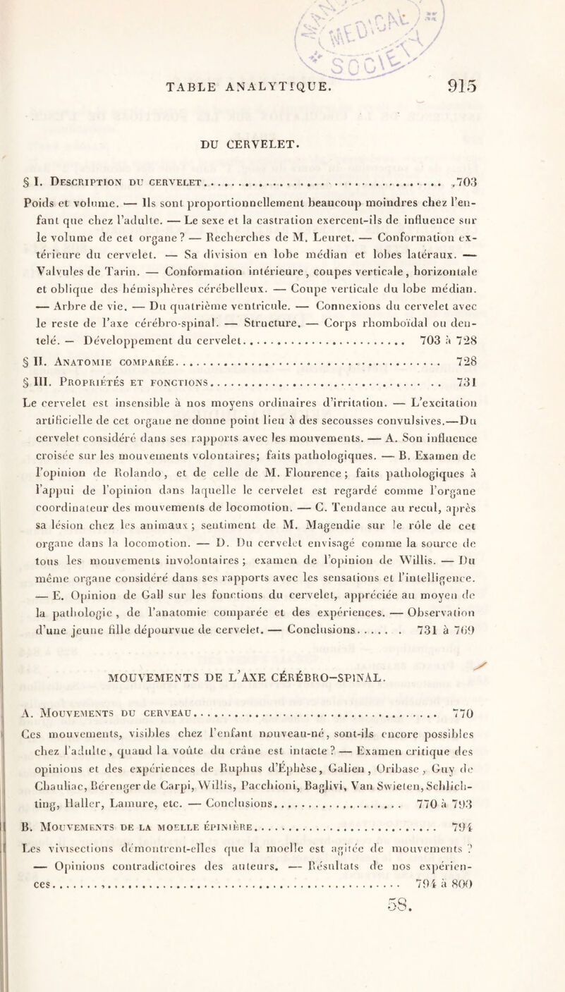 DU CERVELET. § I. Description du cervelet. ,703 Poids et volume. *— Ils sont proportionnellement beaucoup moindres chez l’en¬ fant que chez l’adulte. — Le sexe et la castration exercent-ils de influence sur le volume de cet organe? — Recherches de M. Leuret. — Conformation ex¬ térieure du cervelet. — Sa division en lobe médian et lobes latéraux. — Valvul es de Tarin. — Conformation intérieure, coupes verticale , horizontale et oblique des hémisjdières cérébelleux. — Coupe verticale du lobe médian. — Arbre de vie. — Du quatrième ventricule. — Connexions du cervelet avec le reste de l’axe cérébro-spinal. — Structure. — Corps rhomboïdal ou den¬ telé. — Développement du cervelet. 703 à 728 S IL Anatomie comparée. 728 §111. Propriétés et fonctions... 731 Le cervelet est insensible à nos moyens ordinaires d’irritation. — L’excitatioti artificielle de cet organe ne donne point lieu à des secousses convulsives.—Du cervelet considéré dans ses rapports avec les mouvements. — A. Son influence croisée sur les mouvements volontaires; faits pathologiques. — B. Examen de l’opinion de Rolando, et de celle de M. Flourence ; faits pathologiques à l’appui de l’opinion dans laquelle le cervelet est regardé comme l’organe coordinateur des mouvements de locomotion. — C. Tendance au recul, après sa lésion chez les animaux; sentiment de M. Magendie sur le rôle de cet organe dans la locomotion. — D. Du cervelet envisagé comme la source do tons les mouvements involontaires ; examen de l’opinion de Willis. — Du meme organe considéré dans ses rapports avec les sensations et l’intelligence. — E. Opinion de Gall sur les fonctions du cervelet, appréciée au moyen de la pathologie , de l’anatomie comparée et des expériences. — Observation d’une jeune fille dépourvue de cervelet. — Conclusions. 731 à 7<)9 MOUVEMENTS DE l’AXE CÉRÉBRO-SPINAL. A. Mouvements du cerveau. 770 Ces mouvements, visibles chez l’enfant nouveau-né, sont-ils encore possibles chez l’adulte, quand la voûte du crâne est intacte? — Examen critique des opinions et des expériences de Ruphus d’Ejthèse, Galien, Oribase , Guy de* Chanliac, Bérenger de Carpi, VVilÜs, Pacchioni, Baglivi, Van Swieten, Schlich- ling, Haller, Lamure, etc. — Conclusions. 770 à 703 B. Mouvements de la moelle épinière. 79f Les vivisections démontrent-elles que la moelle est agitée de mouvements ? — Opinions contradictoires des auteurs. — Résultats de nos expéricn- 794 à 800 ces