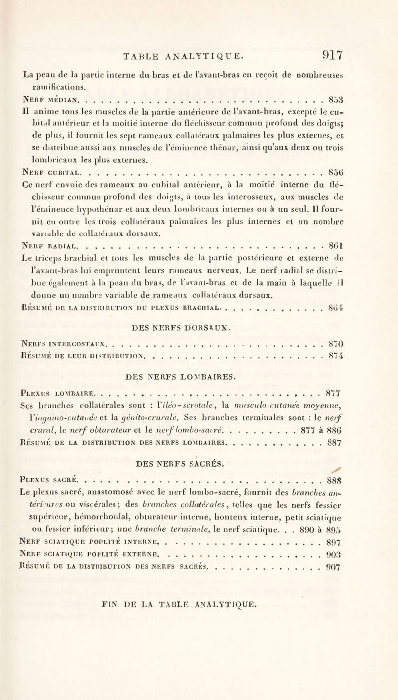La j)eau de la partie interne du bras et de l’avant-bras en reçoit de nombreuses ramifications. Nerf médian.. . 853 11 anime tous les muscles de la partie antérieure de l’avant-bras, excepté le cu¬ bital antérieur et la moitié interne du flécitisscur commun profond des doigts; de plus, il fournit les sept rameaux collatéraux palmaires les plus externes, et se distribue aussi aux muscles de l’éminence thénar, ainsi qu’aux deux ou trois lombricaux les plus externes. Nerf cubital.856 Ce nerf envoie des rameaux au cubital antérieur, à la moitié interne du flé- ebisseur commun profond des doigts, à tous les interosseux, aux muscles de l’émiuence bypothénar et aux deux lombricaux internes ou à un seul. Il four¬ nil eu outre les trois collatéraux palmaires les plus internes et un nombre variable de collatéraux dorsaux. Neuf radial.861 Le triceps brachial et tous les muscles de la partie postérieure et externe de l’avani-bras lui empruntent leurs rameaux nerveux. Le nerf radial se distri¬ bue également à la peau du bras, de l’avant-bras et de la main à lacjuelle il donne un nombre variable de rameaux collateraux dorsaux. fiÉSLMÉ UE LA DISTRIBUTION DU PLEXUS BRACHIAL.86î^ DES NERFS DORS4UX. Nerfs intercostaux.870 Résumé de leur distribution.874 DES NERFS LOMBAIRES. Plexus lombaire.877 .Ses branebes collatérales sont : Vileo- scrotale, la muscnlo-cutimée moyenne, Vinguino-cutanée et la yénito-crurale. Ses branches terminales sont : le netf cr ural, le nerf obturateur et le rietf lombo-saeré. 877 à 886 Résumé de la distribution des nerfs lombaires.887 DES NERFS SACRÉS. Plexus sacré.. 88$ Le plexus sacré, anastomosé avec le nerf lombo-sacré, fournit des bt'anches an- téri arcs ou viscérales; des branches collatérales, telles que les nerfs fessier sujtéricur, hémorrhoïdal, obturateur interne, honteux interne, petit sciatique ou fessier inférieur; une branche terminale, le nerf sciatique. . . 890 à 895 Nerf sciatique poplité interne.897 Nerf sciatique poplité externe.. 903 Résumé de la distribution des nerfs sacrés.907 FIN DE LA TABLE ANALYTIQUE.