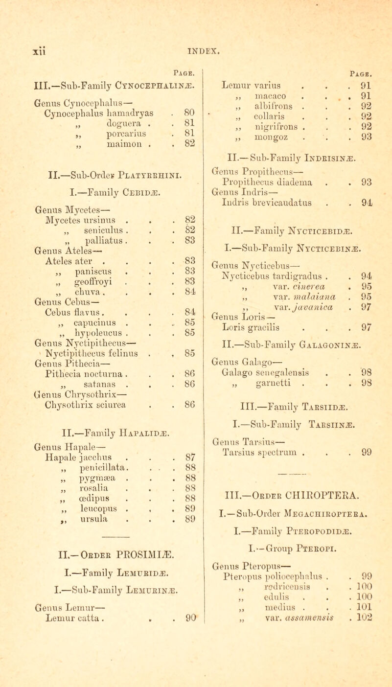 Page. III.—Sub-Family CynocephaliNjE. Genus Cyuocephalus— Cynoceplialus liamadryas . 80 „ doguera . .81 ,, porcarius . 81 ,, maimon . . 82 II.—Sub-Odes Platyeehini. I.—Family CEBiDiE. Genus Mycetes— Mycetes ursinus . . .82 „ seniculus. . .82 „ palliatus. . .83 Genus Ateles-— Ateles ater . . . .83 ,, paniscus . . .83 „ geoffroyi . . . 83 „ cbuva. . . .84 Genus Cebus— Cebus flavus. . . .84 „ capucinus . . .85 „ hypoleucus . . .85 Genus Nyctipithecus— Nyctipithecus felinus . , 85 Genus Pitbecia— Pitbecia nocturna. . .86 „ satanas . . .86 Genus Chrysothrix— Chysothrix sciurea . . 86 II.—Family II apalid.33. Genus Hapale— Hapale jacchus . . .87 „ penicillata. . . .88 „ pygmaea . . .88 „ rosalia . . .88 „ oedipus . . .88 ,, leucopus . . .89 ,, ursula . . .89 II.-Oedee PROSIMI7E. I.—Family Lemubide. I.—Sub-Family Lemueinje. Genus Lemur— Lemur eatta. . . 90 Page. Lemur varius . . .91 „ macaco . ... 91 „ albifrons . . .92 „ collaris . . .92 ,, nigrifrons . . .92 „ mongoz . . .93 II.— Sub-Family Indeisine. Genus Propithecus— Propithecus diadema . . 93 Genus Indris— Iudris brevicaudatus . . 94 II.—Family Nycticebide. I.—Sub-Family Nycticebine. Genus Nycticebus— Nycticebus tardigradus . . 94 ,, var. cinerea . 95 ,, var. malaiana . 95 ,, var. javanica . 97 Genus Loris — Loris gracilis . 97 II.—Sub-Family Galagonine. Genus Galago— Galago senegalensis . . 98 „ garnetti . . .98 III.—Family Taesiide. I.—Sub-Family Taksiine. Genus Tarsius— Tarsius spectrum . . .99 III.—Oedee CHIROPTERA. I.—Sub-Order Megachieopteba. I.—Family Ptebopodide. I. —Group Pteeopi. Genus Pteropus— Pteropus poliocepbalus . . 99 ,, rodricensis . 100 ,, edulis . 100 „ medius . . 101 „ var. assamensis . 102