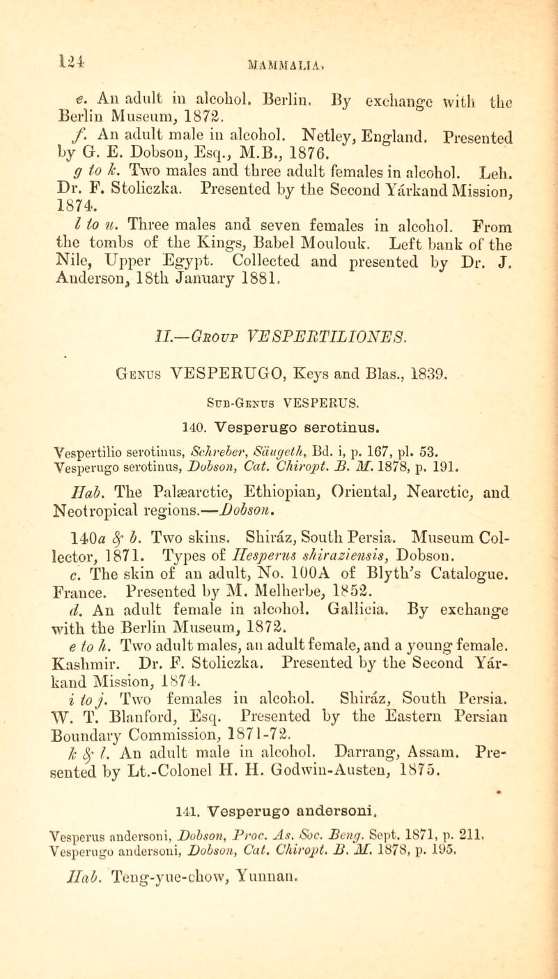 e. All adult ill alcohol. Berlin. By exchange with the Berlin Museum, 1872. /. An adult male in alcohol. Netley, England. Presented by G. E. Dobson, Esq., M.B., 1876. 0 to tc. Two males and three adult females in alcohol. Leh. Dr. F. Stoliczka. Presented by the Second Yarkand Mission, 1874. I to u. Three males and seven females in alcohol. From the tombs of the Kings, Babel Moulouk. Left bank of the Nile, Upper Egypt. Collected and presented by Dr. J. Anderson, 18th January 1881. II.—Group VESPEBTILIONES. Genus VESPERUGO, Keys and Bias., 1839. Sub-Genus VESPERUS. 140. Vesperugo serotinus. Vespertilio serotinus, Schreber, Sdugeth, Bd. i, p. 167, pi. 53. Vesperugo serotinus, Dubson, Cat. Chiropt. D. M. 1878, p. 191. I lab. The Palsearctic, Ethiopian, Oriental, Nearctic, and Neotropical regions.—Dobson. 140« Sf b. Two skins. Shiraz, South Persia. Museum Col¬ lector, 1871. Types of Hesperus shiraziensis, Dobson. c. The skin of an adult, No. 100A of Blytk’s Catalogue. France. Presented by M. Melherbe, 1852. d. An adult female in alcohol. Gallicia. By exchange with the Berlin Museum, 1872. e to h. Two adult males, an adult female, and a young female. Kashmir. Dr. F. Stoliczka. Presented by the Second Yar¬ kand Mission, 1874. i to j. Two females in alcohol. Shiraz, South Persia. W. T. Blanford, Esq. Presented by the Eastern Persian Boundary Commission, 1871-72. h Sf t. An adult male in alcohol. Darrang, Assam. Pre¬ sented by Lt.-Colonel II. II. Godwin-Austen, 1875. • 141. Vesperugo andersoni. Vesperus andersoni, Dobson, Proc. As. Soc. Deng. Sept. 1871, p. 211. Vesperugo andersoni, Dobson, Cat, Chiropt. D. itl. 1878, p. 195. Ilab. Teng-yuc-ehow, Yunnan.