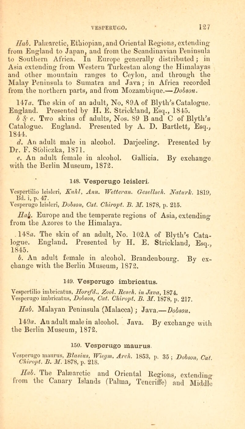 Ilab. Palcearctic, Ethiopian, and Oriental Regions, extending from England to Japan, aud from the Scandinavian Peninsula to Southern Africa. In Europe generally distributed; in Asia extending from Western Turkestan along the Himalayas and other mountain ranges to Ceylon, and through the Malay Peninsula to Sumatra and Java; in Africa recorded from the northern parts, and from Mozambique.—Dobson. 147a. The skin of an adult, No. 89A of Blythes Catalogue. England. Presented by H. E. Strickland, Esq., 1845. b Sf c. Two skins of adults, Nos. 89 B aud C of BlytlPs Catalogue. England. Presented by A. D. Bartlett, Esq., 1844. d. An adult male in alcohol. Darjeeling. Presented by Dr. F. Stoliczka, 1871. e. An adult female in alcohol. Gallicia. By exchange with the Berlin Museum, 1872. 148. Vesperugo leisleri. Vespertilio leisleri, Kuhl, Ann. Wetter an. Gesellsch. NaturJc. 1819, Bd. i, p. 47. Vesperugo leisleri, Dobson, Cat. Chiropt. B. M. 1878, p. 215. Hah. Europe and the temperate regions of Asia, extending from the Azores to the Himalaya. . 148a. The skin of an adult, No. 102A of Blyth’s Cata¬ logue. England. Presented by H. E. Strickland, Esq., 1845. b. An adult female in alcohol. Brandeubourg. By ex¬ change with the Berlin Museum, 1872. 149. Vesperugo imbricatus. Vespertilio imbricatus, Horsfd., Zool. Resell, in Java, 1874. Vesperugo imbricatus, Dobson, Cat. Chiropt. B. M. 1878, p. 217. Ilab. Malayan Peninsula (Malacca); Java.— Dobson. 149a. An adult male in alcohol. Java. By exchange with the Berlin Museum, 1872. 150. Vesperugo maurus Vesperugo maurus, Blasius, Wiegm. Arch. 1853, p. 35 ; Dobson Cat Chiropt. B. M. 1878, p. 218. Hub. The Palsearctic and Oriental Regions, extending from the Canary Islands (Palma, Teneriffe) aud Middle