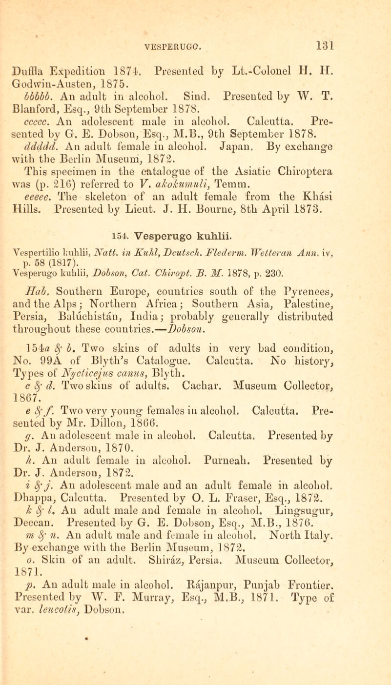 Duffla Expedition 187-1. Presented by Lt.-Culonel II. II. Godwin-Austen, 1875. bbbbb. An adult in alcohol. Sind. Presented by W. T. Blanford, Esq., 9th September 1878. ccccc. An adolescent male in alcohol. Calcutta. Pre¬ sented by G. E. Dobson, Esq., M.B., 9th September 1878. ddddd. An adult female in alcohol. Japan. By exchange with the Berlin Museum, 1872. This specimen in the catalogue of the Asiatic Chiroptera was (p. 210) referred to V. akokumuli, Temm. eeeee. The skeleton of an adult female from the Khasi Hills. Presented by Lieut. J. H. Bourne, 8th April 1873. 151. Vesperugo kuhlii. Vespertilio kuhlii, Natt. in Kuhl, Deutsch. Fledertn. Wetteran Ann. iv, p. 58 (1817). Vesperugo kuklii, Dobson, Cat. Chiropt. B. M. 1878, p. 230. Ilab. Southern Europe, countries south of the Pyrenees, and the Alps; Northern Africa; Southern Asia, Palestine, Persia, Baluchistan, India; probably generally distributed throughout these countries.—Dobson. o 154a 8f b. Two skins of adults in very bad condition, No. 99A of Blyth's Catalogue. Calcutta. No history, Types of Nycticejus canus, Blyth. c Sf d. Two skins of adults. Cachar. Museum Collector, 1867. e fyf. Two very young females in alcohol. Calcutta. Pre¬ sented by Mr. Dillon, 1866. y. An adolescent male in alcohol. Calcutta. Presented by Dr. J. Anderson, 1870. h. An adult female in alcohol. Purneah. Presented by Dr. J. Anderson, 1872. i Sfj. An adolescent male aud an adult female in alcohol. Dhappa, Calcutta. Presented by O. L. Fraser, Esq., 1872. k Sj' l. An adult male and female in alcohol. Lingsugur, Deccan. Presented by G. E. Dobson, Esq., M.B., 1876. m S)’ n. An adult male and female in alcohol. North Italy. By exchange with the Berlin Museum, 1872. o. Skin of an adult. Shiraz, Persia. Museum Collector, 1871. p. An adult male in alcohol. Rajanpur, Punjab Frontier. Presented by W. F. Murray, Esq., M.B., 1871. Type of var. leucods, Dobson.