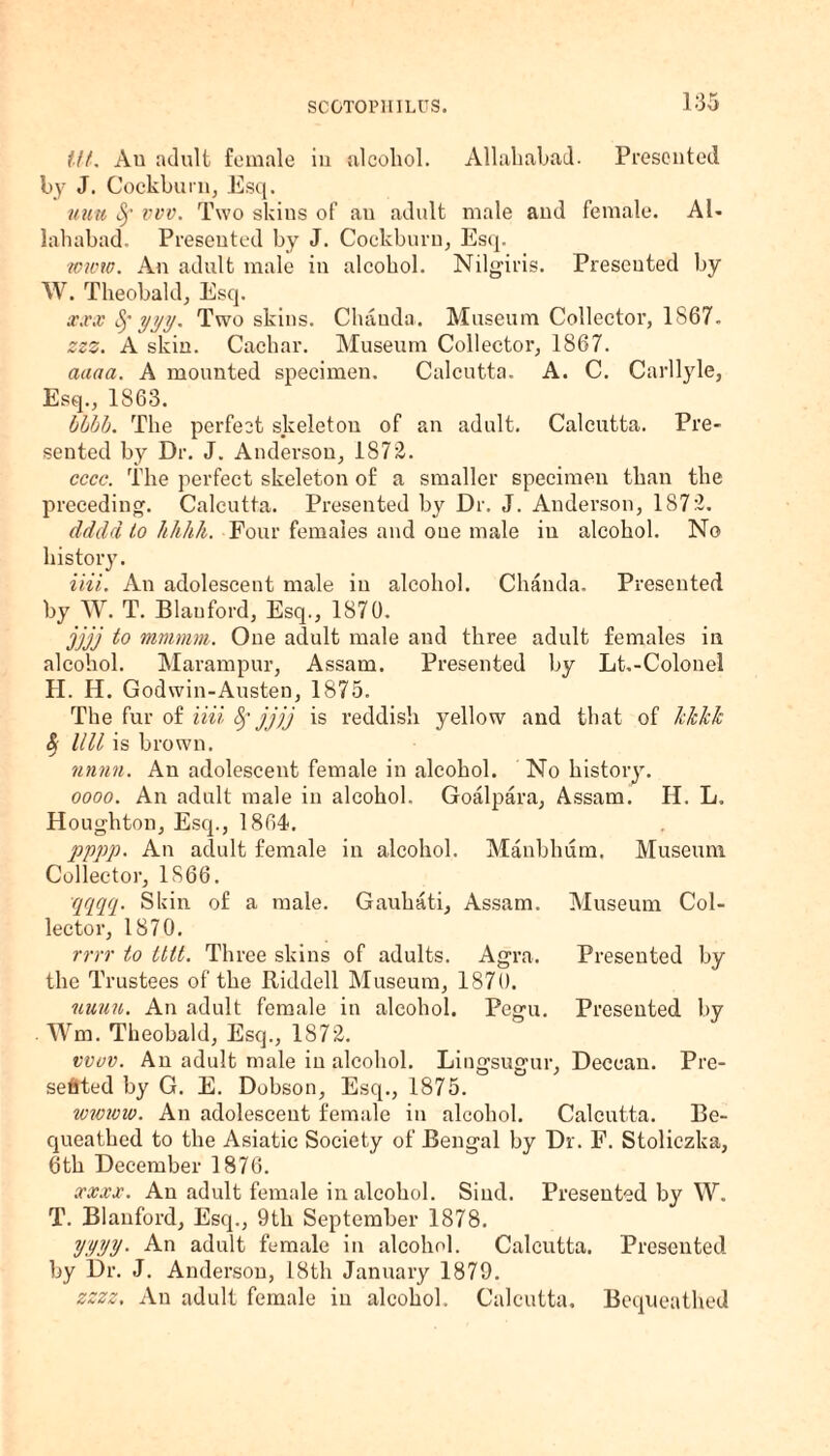 tit. Au adult female in alcohol. Allahabad. Presented by J. Cockburn, Esq. uuu Sf vvv. Two skins of an adult male and female. AU lahabad. Presented by J. Cockburn, Esq. mow. An adult male in alcohol. Nilgiris. Presented by W. Theobald, Esq. xxx Sf yyy. Two skins. Chanda. Museum Collector, 1S67. zzz. A skin. Cachar. Museum Collector, 1867. aaaa. A mounted specimen. Calcutta. A. C. Carllyle, Esq., 1S63. bhbb. The perfect skeleton of an adult. Calcutta. Pre¬ sented by Dr. J. Anderson, 1872. cccc. The perfect skeleton of a smaller specimen than the preceding. Calcutta. Presented by Dr. J. Anderson, 1872. dddd to hhhh. Four females and one male in alcohol. No history. iiii. An adolescent male in alcohol. Chanda. Presented by W. T. Blauford, Esq., 1870. jjjj to mmmm. One adult male and three adult females in alcohol. Marampur, Assam. Presented by Lt.-Colonel H. H. Godwin-Austen, 1875. The fur of iiii fy jjjj is reddish yellow and that of kkkk Sj llll is brown. nnnn. An adolescent female in alcohol. No history. oooo. An adult male in alcohol. Goalpara, Assam. H. L, Houghton, Esq., 1864. pppp. An adult female in alcohol. Manbhura. Museum Collector, 1S66. qqqq. Skin of a male. Gauhati, Assam. Museum Col¬ lector, 1870. rrrr to tttt. Three skins of adults. Agra. Presented by the Trustees of the Riddell Museum, 1870. uuuu. An adult female in alcohol. Pegu. Presented by . Wm, Theobald, Esq., 1872. vvov. An adult male in alcohol. Lingsugur, Deccan. Pre¬ sented by G. E. Dobson, Esq., 1875. wwivw. An adolescent female in alcohol. Calcutta. Be¬ queathed to the Asiatic Society of Bengal by Dr. F. Stoliczka, 6th December 1876. xxxx. An adult female in alcohol. Sind. Presented by W. T. Blauford, Esq., 9th September 1878. yyyy. An adult female in alcohol. Calcutta. Presented by Dr. J. Anderson, L8th January 1879. zzzz. An adult female in alcohol. Calcutta. Bequeathed