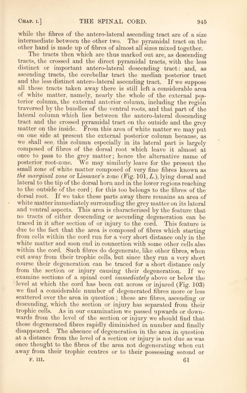 while the fibres of the antero-lateral ascending tract are of a size intermediate between the other two. The pyramidal tract on the other hand is made up of fibres of almost all sizes mixed together. The tracts then which are thus marked out are, as descending tracts, the crossed and the direct pyramidal tracts, with the less distinct or important antero-lateral descending tract: and, as ascending tracts, the cerebellar tract the median posterior tract and the less distinct antero-lateral ascending tract. If we suppose all these tracts taken away there is still left a considerable area of white matter, namely, nearly the whole of the external pos¬ terior column, the external anterior column, including the region traversed by the bundles of the ventral roots, and that part of the lateral column which lies between the antero-lateral descending tract and the crossed pyramidal tract on the outside and the grey matter on the inside. From this area of white matter we may put on one side at present the external posterior column because, as we shall see, this column especially in its lateral part is largely composed of fibres of the dorsal root which leave it almost at once to pass to the grey matter; hence the alternative name of posterior root-zone. We may similarly leave for the present the small zone of white matter composed of very fine fibres known as the marginal zone or Lissauer’s zone (Fig. 101, L), lying dorsal and lateral to the tip of the dorsal horn and in the lower regions reaching to the outside of the cord; for this too belongs to the fibres of the dorsal root. If we take these parts away there remains an area of white matter immediately surrounding the grey matter on its lateral and ventral aspects. This area is characterised by the feature that no tracts of either descending or ascending degeneration can be traced in it after section of or injury to the cord. This feature is due to the fact that the area is composed of fibres which starting from cells within the cord run for a very short distance only in the white matter and soon end in connection with some other cells also within the cord. Such fibres do degenerate, like other fibres, when cut away from their trophic cells, but since they run a very short course their degeneration can be traced for a short distance only from the section or injury causing their degeneration. If we examine sections of a spinal cord immediately above or below the level at which the cord has been cut across or injured (Fig. 103) we find a considerable number of degenerated fibres more or less scattered over the area in question; these are fibres, ascending or descending, which the section or injury has separated from their trophic cells. As in our examination we passed upwards or down¬ wards from the level of the section or injury we should find that these degenerated fibres rapidly diminished in number and finally disappeared. The absence of degeneration in the area in question at a distance from the level of a section or injury is not due as was once thought to the fibres of the area not degenerating when cut away from their trophic centres or to their possessing second or F. hi. 61