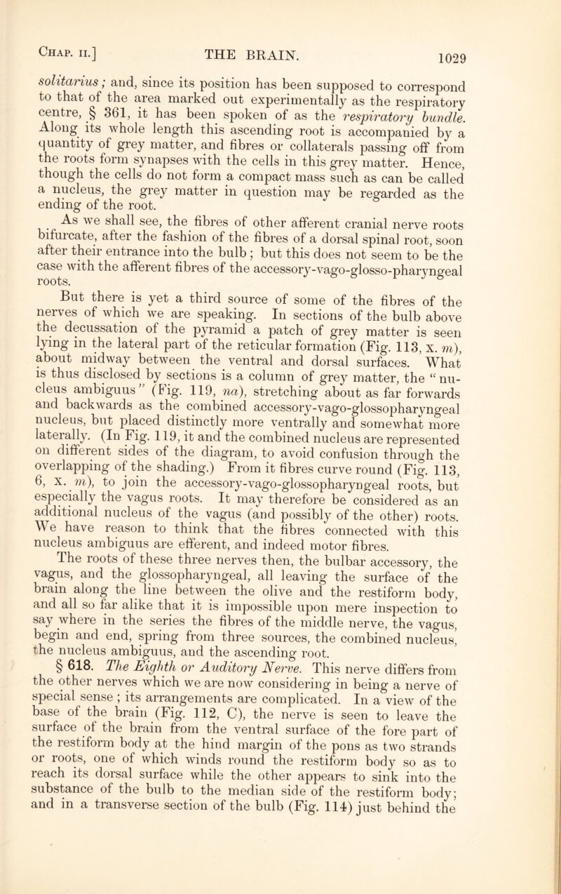 solitar ius, and, shicg its position has been supposed to correspond to that of the area marked out experimentally as the respiratory centre, § 361, it has been spoken of as the respiratory bundle. Along its whole length this ascending root is accompanied by a quantity of grey matter, and fibres or collaterals passing off from the roots form synapses with the cells in this grey matter. Hence, though the cells do not form a compact mass such as can be called a nucleus, the grey matter in question may be regarded as the ending of the root. As we shall see, the fibres of other afferent cranial nerve roots bifurcate, after the fashion of the fibres of a dorsal spina] root, soon after their entrance into the bulb ; but this does not seem to be the case with the afferent fibres of the accessory-vago-glosso-pharyngeal roots. 6 But there is yet a third source of some of the fibres of the nerves of which we are speaking. In sections of the bulb above the decussation of the pyramid a patch of grey matter is seen lying in the lateral part of the reticular formation (Fig. 113, X. m), about midway between the ventral and dorsal surfaces. What is thus disclosed by sections is a column of grey matter, the “ nu¬ cleus ambiguus (fig- 119, na), stretching about as far forwards and backwards as the combined accessory-vago-glossopharyngeal nucleus, but placed distinctly more ventrally and somewhat more laterally. (In Fig. 119, it and the combined nucleus are represented on different sides of the diagram, to avoid confusion through the overlapping of the shading.) From it fibres curve round (Fig. 113, 6, x. m), to join the accessory-vago-glossopharyngeal roots, but especially the vagus roots. It may therefore be considered as an additional nucleus of the vagus (and possibly of the other) roots. We have reason to think that the fibres connected with this nucleus ambiguus are efferent, and indeed motor fibres. The roots of these three nerves then, the bulbar accessory, the vagus, and the glossopharyngeal, all leaving the surface of the brain along the line between the olive and the restiform body, and all so far alike that it is impossible upon mere inspection to say where in the series the fibres of the middle nerve, the vagus, begin and end, spring from three sources, the combined nucleus! the nucleus ambiguus, and the ascending root. § 618. The Eighth or Auditory Nerve. This nerve differs from the other nerves which we are now considering in being a nerve of special sense ; its arrangements are complicated. In a view of the base of the brain (Fig. 112, C), the nerve is seen to leave the surface ol the brain from the ventral surface of the fore part of the restiform body at the hind margin of the pons as two strands or roots, one of which winds round the restiform body so as to reach its doisal surface while the other appears to sink into the substance of the bulb to the median side of the restiform bodyj and in a transverse section of the bulb (Fig. 114) just behind the