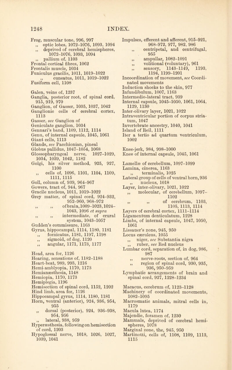 Frog, muscular tone, 996, 997 „ optic lobes, 1072-1076, 1093, 1094 ,, deprived of cerebral hemispheres, 1072-1076, 1093, 1094 ,, pallium of, 1103 Frontal cortical fibres, 1062 Frontalis muscle, 1034 Funiculus gracilis, 1011, 1019-1022 ,, cuneatus, 1011, 1019-1022 Fusiform cell, 1108 Galen, veins of, 1237 Ganglia, posterior root, of spinal cord, 915, 919, 970 Ganglion, of Gasser, 1035, 1037, 1042 Ganglionic cells of cerebral cortex, 1113 Gasser, see Ganglion of Geniculate ganglion, 1034 Gennari’s band, 1109, 1112, 1114 Genu, of internal capsule, 1045, 1061 Giant cells, 1113 Glands, see Pacchionian, pineal Globus pallidus, 1047-1054, 1068 Glossopharyngeal nerve, 1027-1029, 1034, 1039, 1042, 1182 Golgi, his silver method, 925, 927, 1100 „ cells of, 1096, 1101, 1104, 1109, 1111, 1115 Goll, column of, 939, 964-967 Gowers, tract of, 944, 967 Gracile nucleus, 1011, 1019-1022 Grey matter, of spinal cord, 924-932, 952-960, 968-972 „ „ of brain, 1009-1023,1024- 1043, 1096 et supra ,, ,, intermediate, of crural system, 1043-1057 Gudden’s commissure, 1163 Gyrus, hippocampal, 1114, 1180, 1181 ,, fornicatus, 1181, 1197, 1198 ,, sigmoid, of dog, 1120 ,, angular, 1171, 1173, 1177 Head, area for, 1126 Hearing, sensations of, 1182-1188 Heart-beat, 989, 993, 1216 Hemi-amblyopia, 1170, 1173 Hemiansesthesia, 1148 Hemiopia, 1170, 1173 Hemiplegia, 1196 Hemisection of spinal cord, 1152, 1202 Hind limb, area for, 1126 Hippocampal gyrus, 1114, 1180, 1181 Horn, ventral (anterior), 924, 936, 954, 955 ,, dorsal (posterior), 924, 936-938, 954, 956 ,, lateral, 938, 959 Hypersesthesia, following on hemisection of cord, 1203 Hypoglossal nerve, 1018, 1026, 1027, 1039, 1041 Impulses, efferent and afferent, 915-921, 968-972, 977, 982, 986 ,, centripetal, and centrifugal, 955 ,, ampullar, 1082-1091 ,, volitional (voluntary), 961 ,, sensory, 1143-1149, 1193. 1194, 1199-1201 Incoordination of movement, see Coordi¬ nated movements Induction shocks to the skin, 977 Infundibulum, 1007, 1163 Intermedio-lateral tract, 939 Internal capsule, 1045-1050, 1061, 1064, 1129, 1130 Inter-olivary layer, 1021, 1022 Intraventricular portion of corpus stria¬ tum, 1047 Invertebrate ancestry, 1040, 1041 Island of Reil, 1111 Iter a tertio ad quartum ventriculum, 1002 Knee-jerk, 984, 998-1000 Knee of internal capsule, 1045, 1061 Lamellse of cerebellum, 1097-1099 Lamina, cinerea, 1163 ,, terminalis, 1025 Lateral group of cells of ventral horn, 936 ,, nucleus, 1018 Layer, inter-olivary, 1021, 1022 ,, molecular, of cerebellum, 1097- 1102 ,, ,, of cerebrum, 1103, 1105, 1113, 1114 Layers of cerebral cortex, 1111-1114 Ligamentum denticulatum, 1228 Limbs, of internal capsule, 1047, 1050, 1061 Lissauer’s zone, 945, 950 Locus cseruleus, 1055 ,, niger, see Substantia nigra ,, ruber, see Red nucleus Lumbar cord, separation of, in dog, 986, 987 ,, nerve-roots, section of, 964 ,, region of spinal cord, 930, 935, 936, 950-959 Lymphatic arrangements of brain and spinal cord, 927, 1228-1234 Macacus, cerebrum of, 1123-1128 Machinery of coordinated movements, 1082-1095 Macrosmatic animals, mitral cells in, 1179 Macula lutea, 1174 Majendie, foramen of, 1230 Mammals, deprived of cerebral hemi¬ spheres, 1078 Marginal zone, the, 945, 950 Martinotti, cells of, 1108, 1109, 1113, 1115