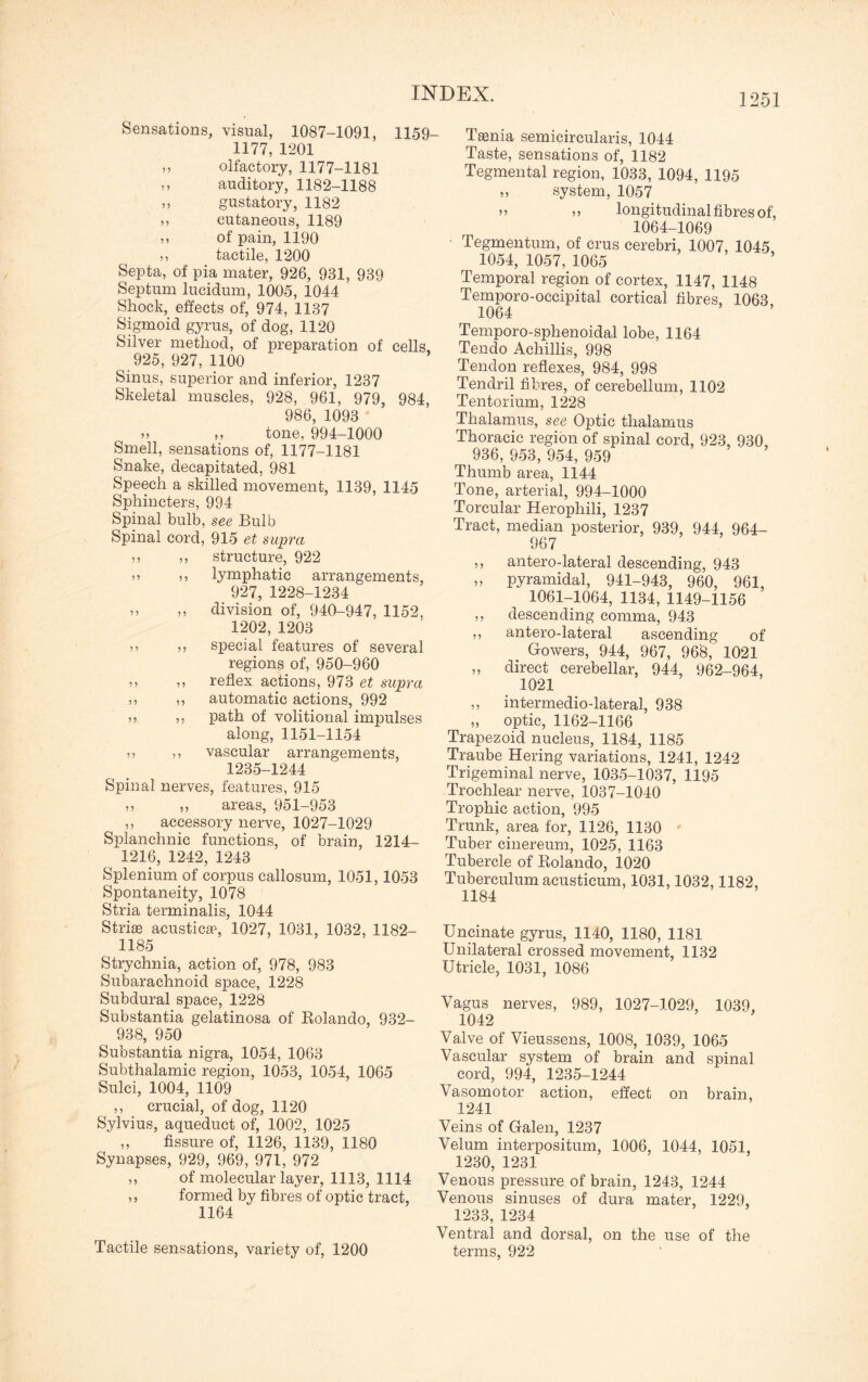 Sensations, visual, 1087-1091, 1159- 1177, 1201 ,, olfactory, 1177-1181 ,, auditory, 1182-1188 » gustatory, 1182 ,, cutaneous, 1189 ,, of pain, 1190 ,, tactile, 1200 Septa, of pia mater, 926, 931, 939 Septum lucidum, 1005, 1044 Shock, effects of, 974, 1137 Sigmoid gyrus, of dog, 1120 Silver method, of preparation of cells, 925, 927, 1100 Sinus, superior and inferior, 1237 Skeletal muscles, 928, 961, 979, 984, 986, 1093 »> ,, tone, 994-1000 Smell, sensations of, 1177-1181 Snake, decapitated, 981 Speech a skilled movement, 1139, 1145 Sphincters, 994 Spinal bulb, see Bulb Spinal cord, 915 et supra ,, ,, structure, 922 ,, ,, lymphatic arrangements, 927, 1228-1234 ,, ,, division of, 940-947, 1152, 1202, 1203 ,, ,, special features of several regions of, 950-960 ,, ,, reflex actions, 973 et supra ,, ,, automatic actions, 992 ,, ,, path of volitional impulses along, 1151-1154 ,, ,, vascular arrangements, 1235-1244 Spinal nerves, features, 915 » ,, areas, 951-953 ,, accessory nerve, 1027-1029 Splanchnic functions, of brain, 1214- 1216, 1242, 1243 Splenium of corpus callosum, 1051,1053 Spontaneity, 1078 Stria terminalis, 1044 Striae acustica?, 1027, 1031, 1032, 1182- 1185 Strychnia, action of, 978, 983 Subarachnoid space, 1228 Subdural space, 1228 Substantia gelatinosa of Rolando, 932- 938, 950 Substantia nigra, 1054, 1063 Subthalamic region, 1053, 1054, 1065 Sulci, 1004, 1109 ,, crucial, of dog, 1120 Sylvius, aqueduct of, 1002, 1025 ,, fissure of, 1126, 1139, 1180 Synapses, 929, 969, 971, 972 ,, of molecular layer, 1113, 1114 ,, formed by fibres of optic tract, 1164 Tactile sensations, variety of, 1200 Taenia semicircularis, 1044 Taste, sensations of, 1182 Tegmental region, 1033, 1094, 1195 ,, system, 1057 » m longitudinal fibres of, 1064-1069 ■ Tegmentum, of crus cerebri, 1007, 1045 1054, 1057, 1065 Temporal region of cortex, 1147, 1148 Temporo-occipital cortical fibres, 1063 1064 Temporo-sphenoidal lobe, 1164 Tendo Achillis, 998 Tendon reflexes, 984, 998 Tendril fibres, of cerebellum, 1102 Tentorium, 1228 Thalamus, see Optic thalamus Thoracic region of spinal cord, 923, 930 936, 953, 954, 959 Thumb area, 1144 Tone, arterial, 994-1000 Torcular Herophili, 1237 Tract, median posterior, 939, 944, 964- 967 ,, antero-lateral descending, 943 „ pyramidal, 941-943, 960, 961, 1061-1064, 1134, 1149-1156 ,, descending comma, 943 ,, antero-lateral ascending of Gowers, 944, 967, 968, 1021 „ direct cerebellar, 944, 962-964, 1021 ,, intermedio-lateral, 938 ,, optic, 1162-1166 Trapezoid nucleus, 1184, 1185 Traube Hering variations, 1241, 1242 Trigeminal nerve, 1035-1037, 1195 Trochlear nerve, 1037-1040 Trophic action, 995 Trunk, area for, 1126, 1130 - Tuber cinereum, 1025, 1163 Tubercle of Rolando, 1020 Tuberculum acusticum, 1031,1032,1182, 1184 Uncinate gyrus, 1140, 1180, 1181 Unilateral crossed movement, 1132 Utricle, 1031, 1086 Vagus nerves, 989, 1027-1029, 1039, 1042 Valve of Vieussens, 1008, 1039, 1065 Vascular system of brain and spinal cord, 994, 1235-1244 Vasomotor action, effect on brain, 1241 Veins of Galen, 1237 Velum interpositum, 1006, 1044, 1051, 1230, 1231 Venous pressure of brain, 1243, 1244 Venous sinuses of dura mater, 1229, 1233, 1234 Ventral and dorsal, on the use of the terms, 922